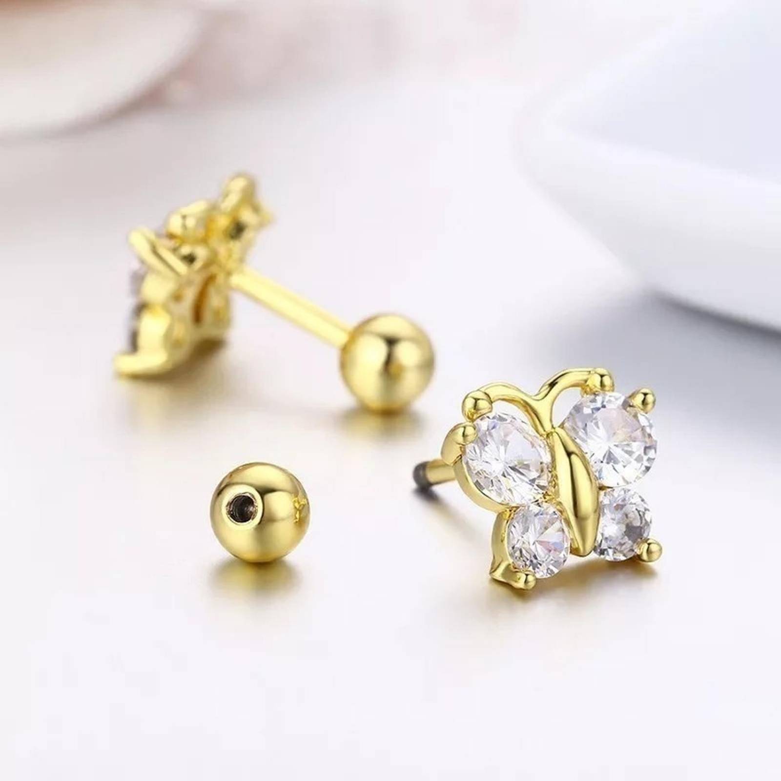CRISTAL AMOR - Aretes Broqueles Mariposa Swarovski Oro 14k Lam Bolita Niña Blanco