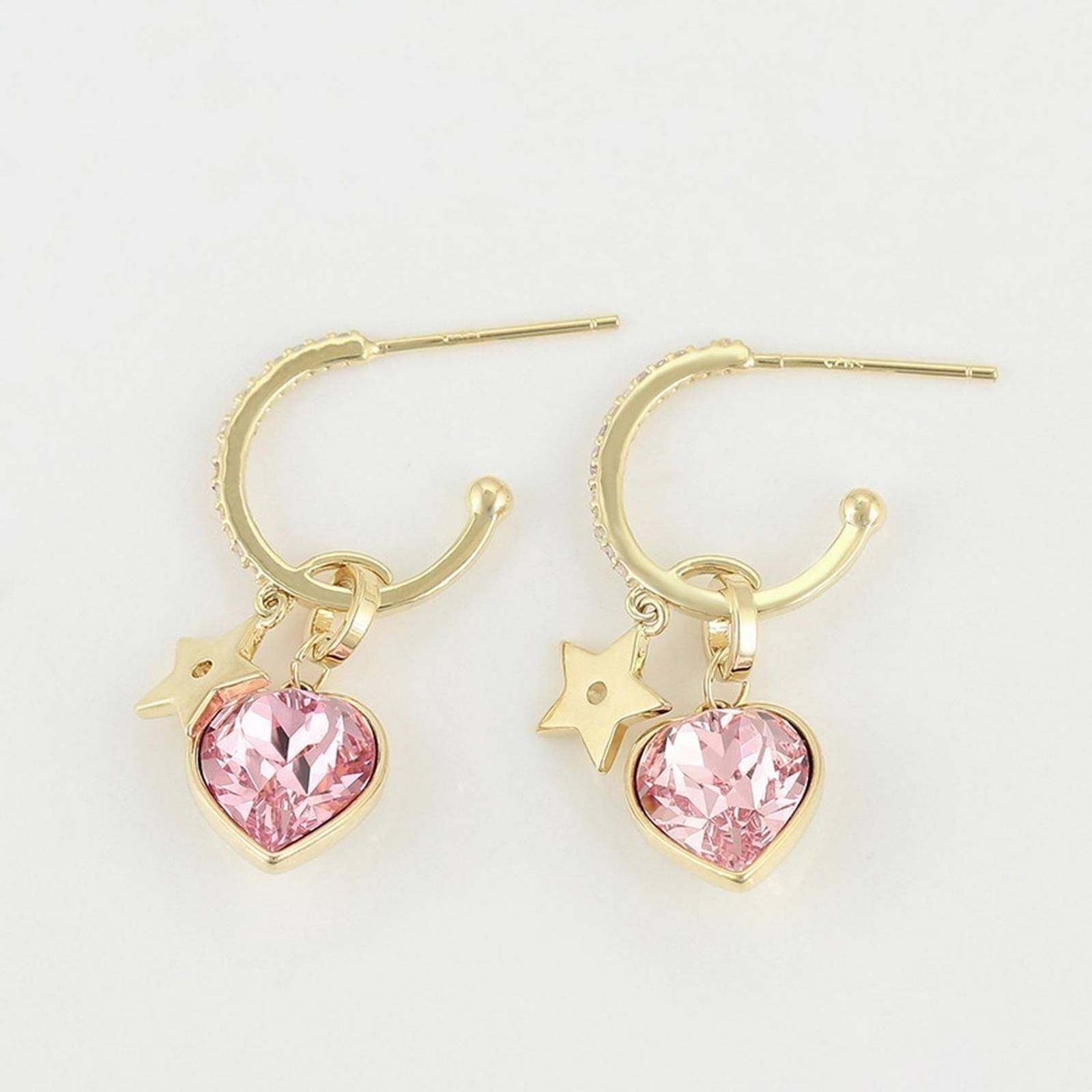 CRISTAL AMOR - Aretes Largos Corazon Cristal Dama Oro 14k Laminado Rubí