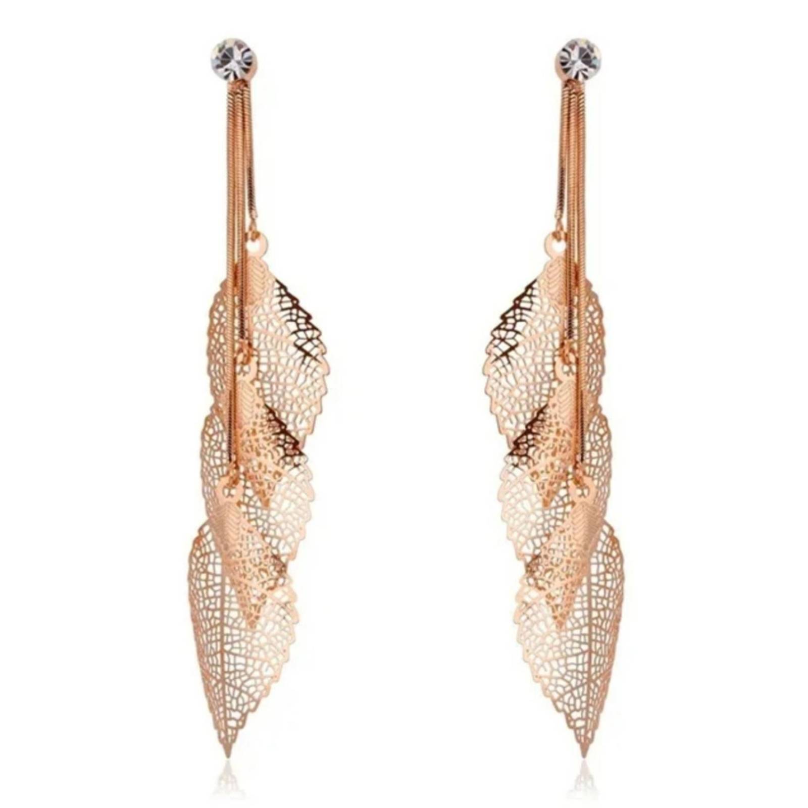 CRISTAL AMOR - Aretes Largos Hojas Filigrana Cristal Oro Rosa 14k Laminado .