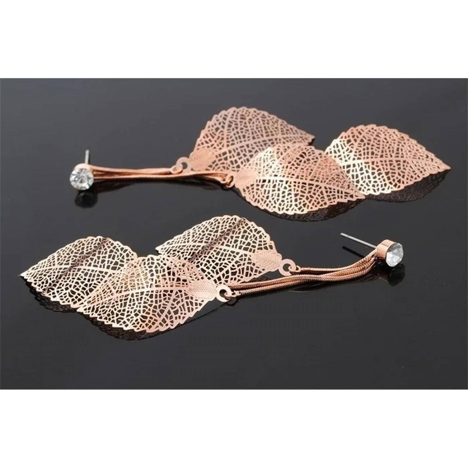 CRISTAL AMOR - Aretes Largos Hojas Filigrana Cristal Oro Rosa 14k Laminado .