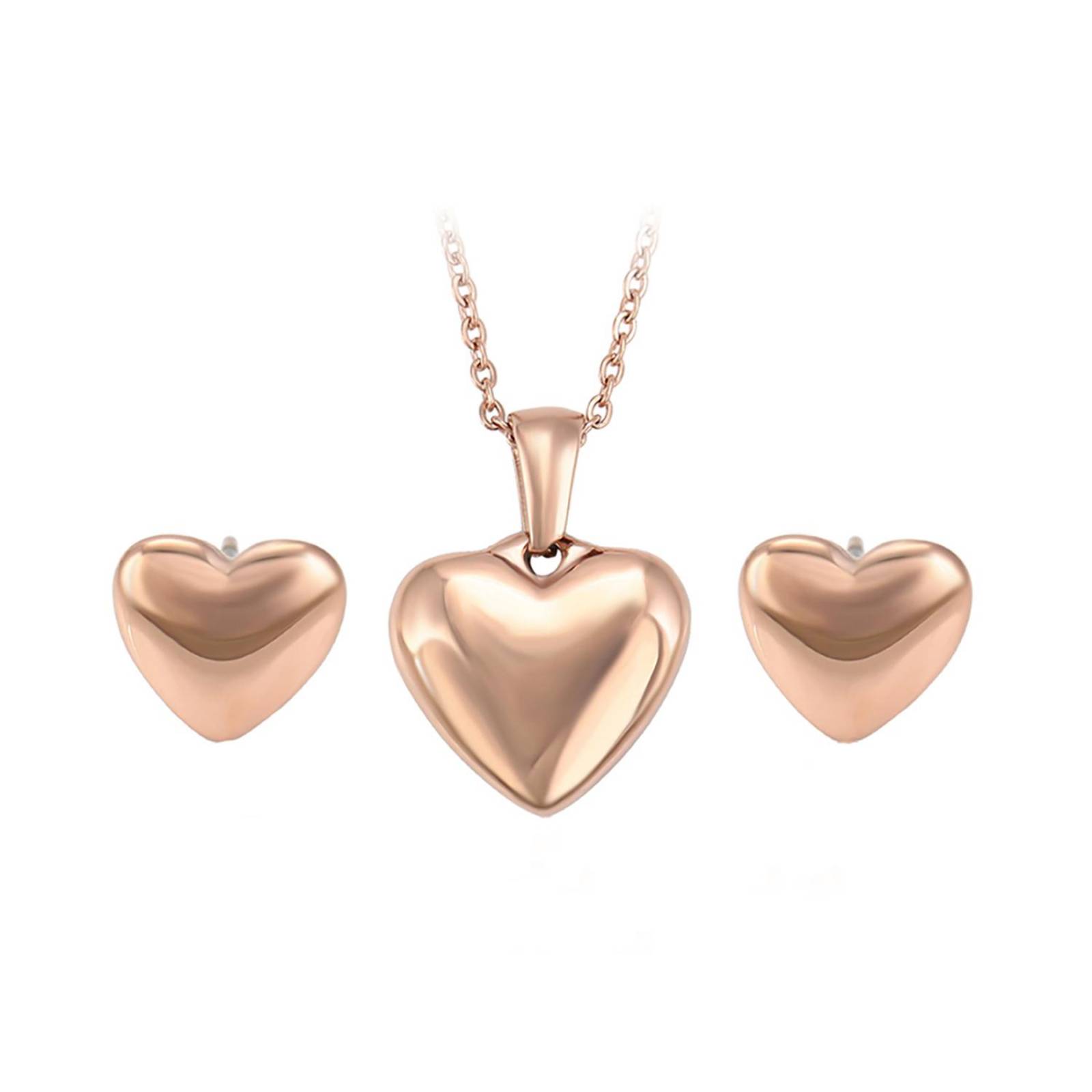 CRISTAL AMOR - Fino Collar Y Aretes Corazon Inflado Pulido Oro Rosa 14k Laminado 