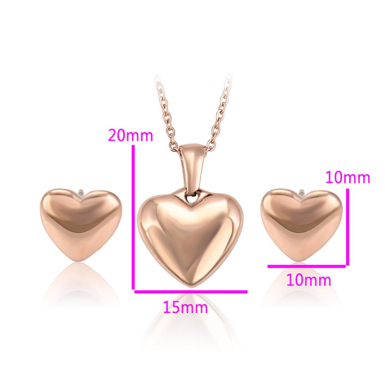 CRISTAL AMOR - Fino Collar Y Aretes Corazon Inflado Pulido Oro Rosa 14k Laminado 