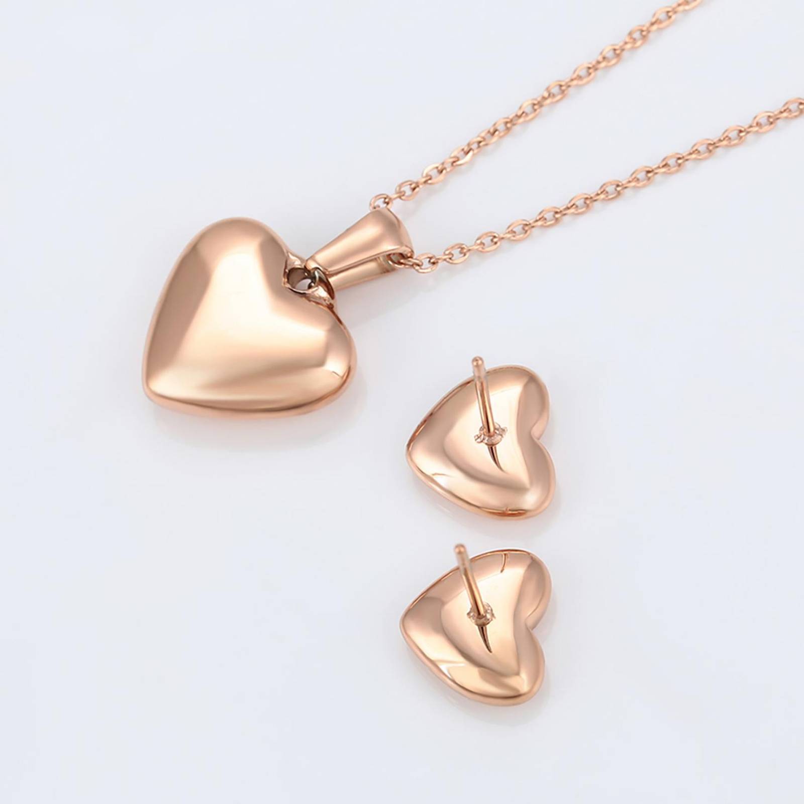 CRISTAL AMOR - Fino Collar Y Aretes Corazon Inflado Pulido Oro Rosa 14k Laminado 