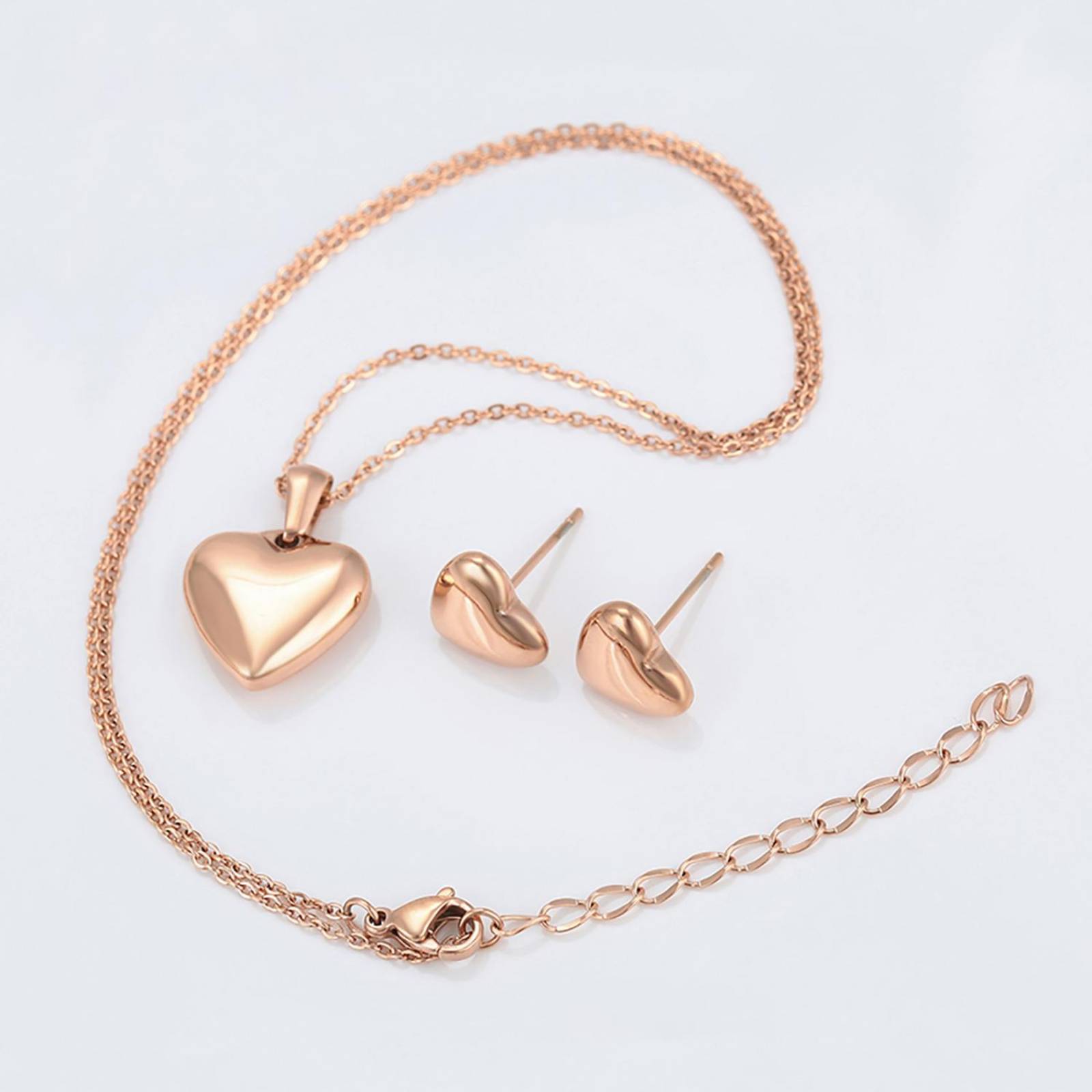 CRISTAL AMOR - Fino Collar Y Aretes Corazon Inflado Pulido Oro Rosa 14k Laminado 