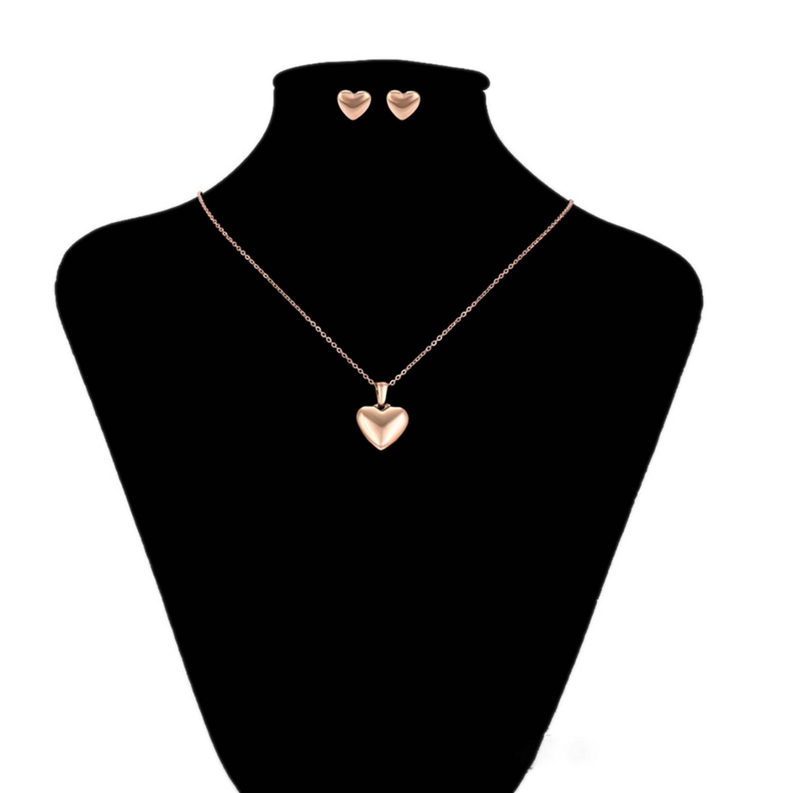 CRISTAL AMOR - Fino Collar Y Aretes Corazon Inflado Pulido Oro Rosa 14k Laminado 