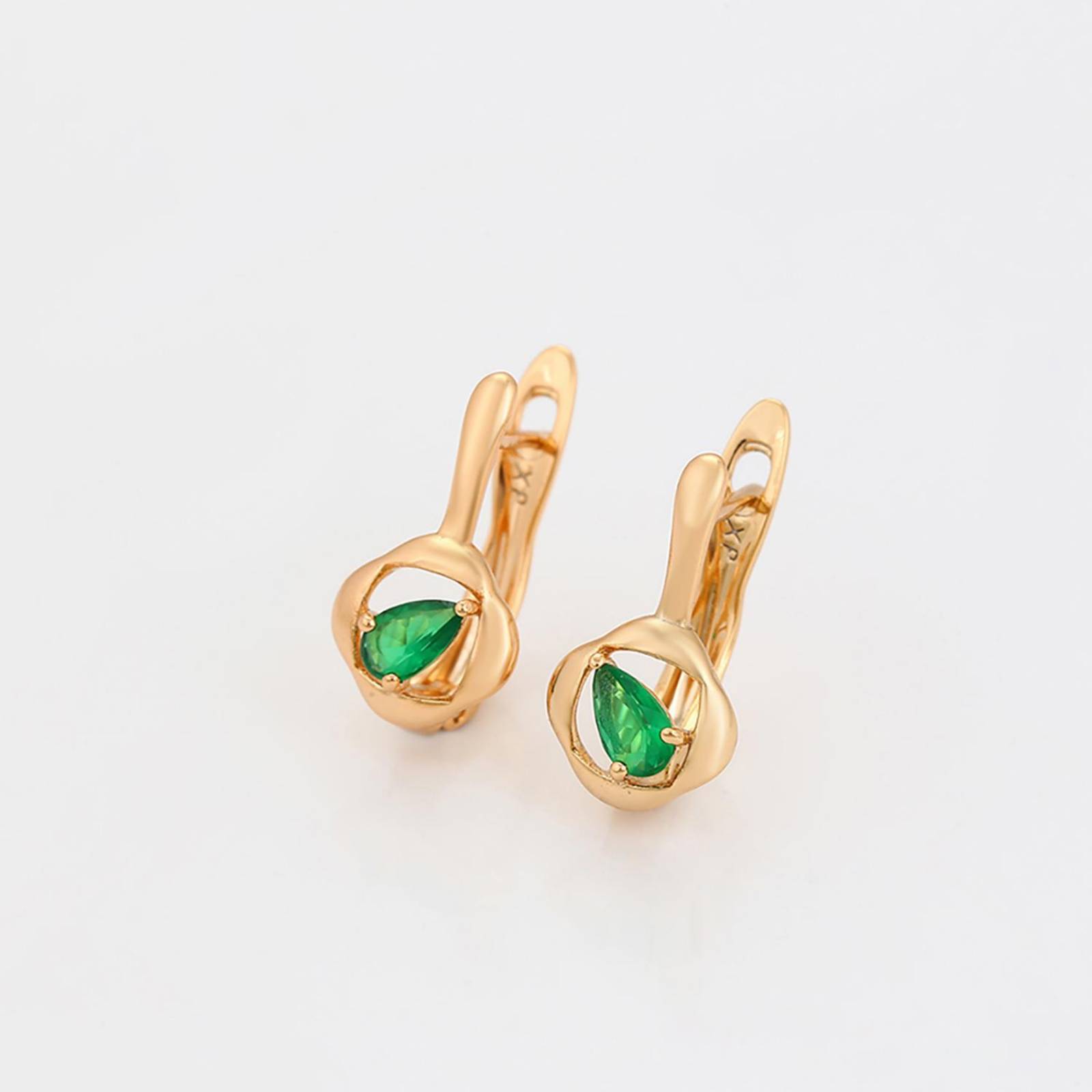 CRISTAL AMOR - Aretes Dama Rombo Gota Esmeralda Oro 18K Laminado Dorado