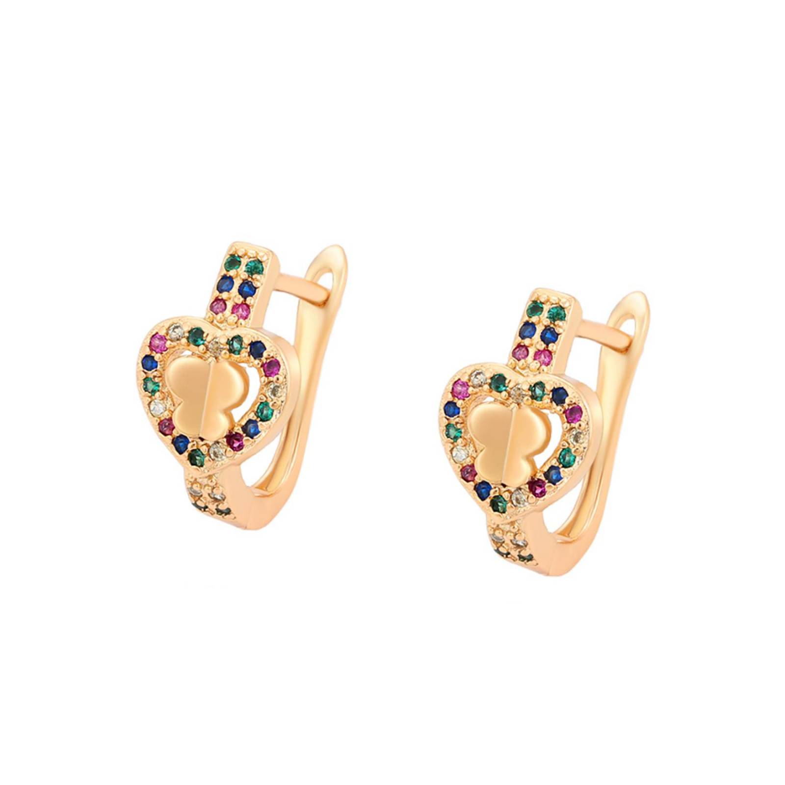 CRISTAL AMOR - Aretes Corazón Mariposa Halo Cristales Colores Oro 18K Laminado Dorado