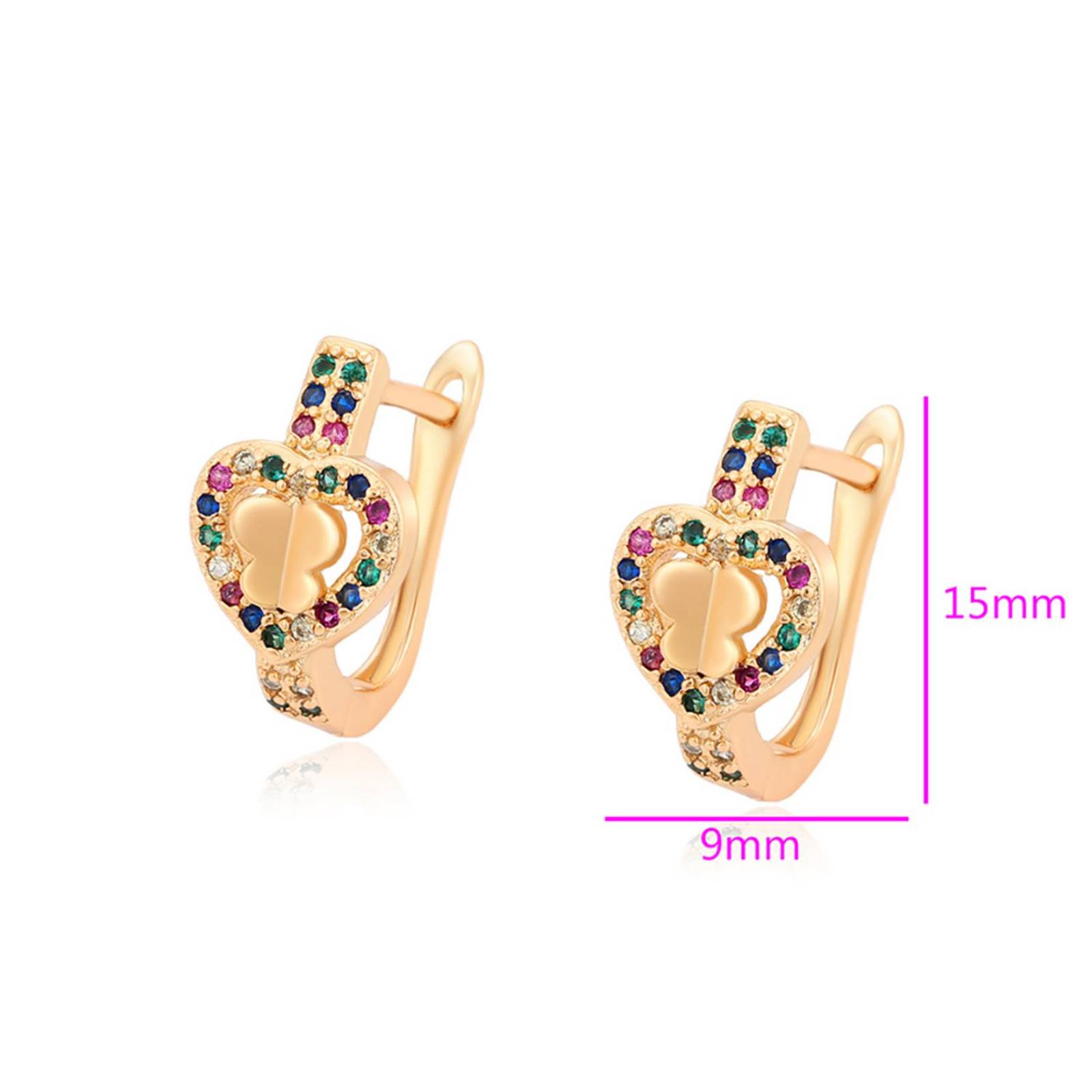 CRISTAL AMOR - Aretes Corazón Mariposa Halo Cristales Colores Oro 18K Laminado Dorado