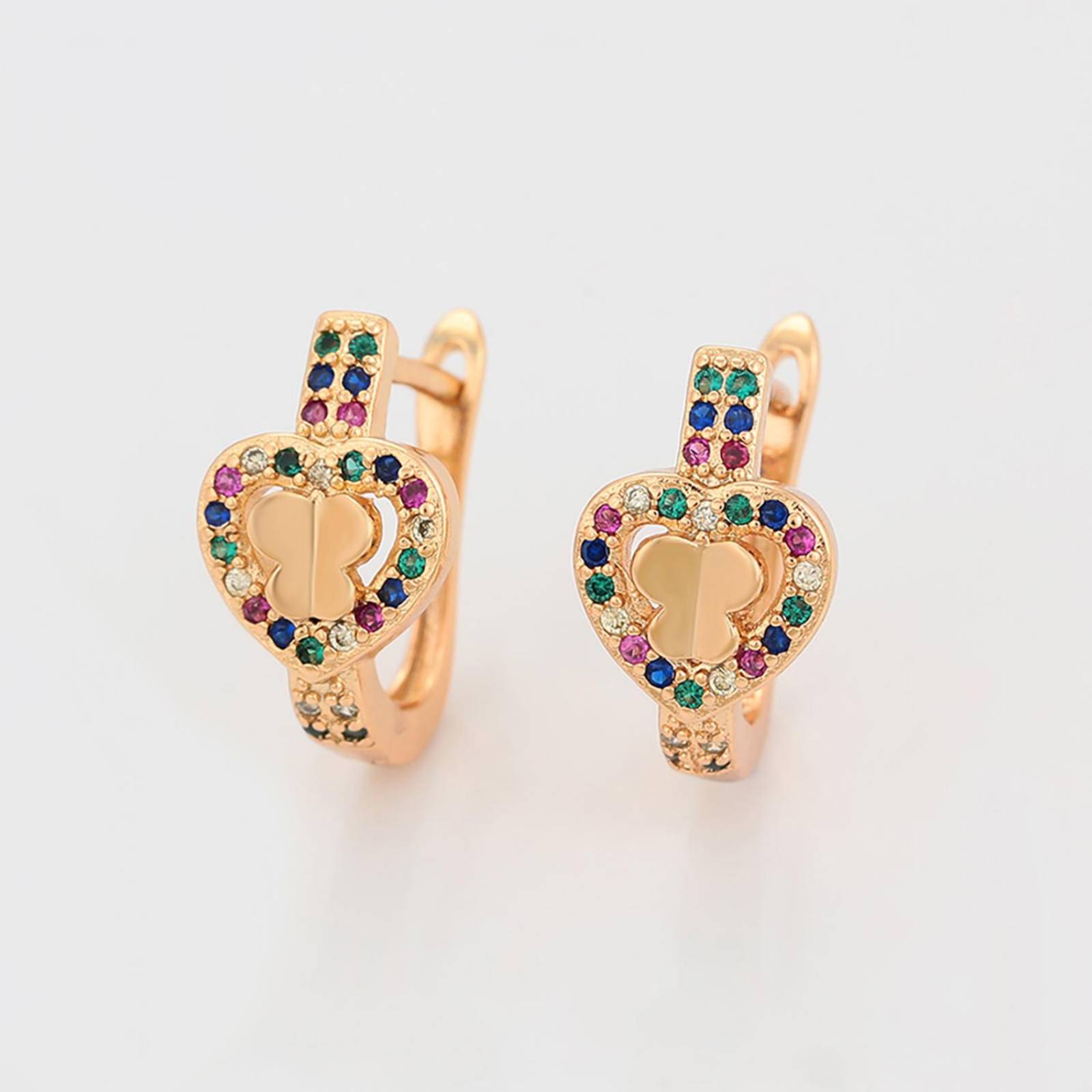CRISTAL AMOR - Aretes Corazón Mariposa Halo Cristales Colores Oro 18K Laminado Dorado