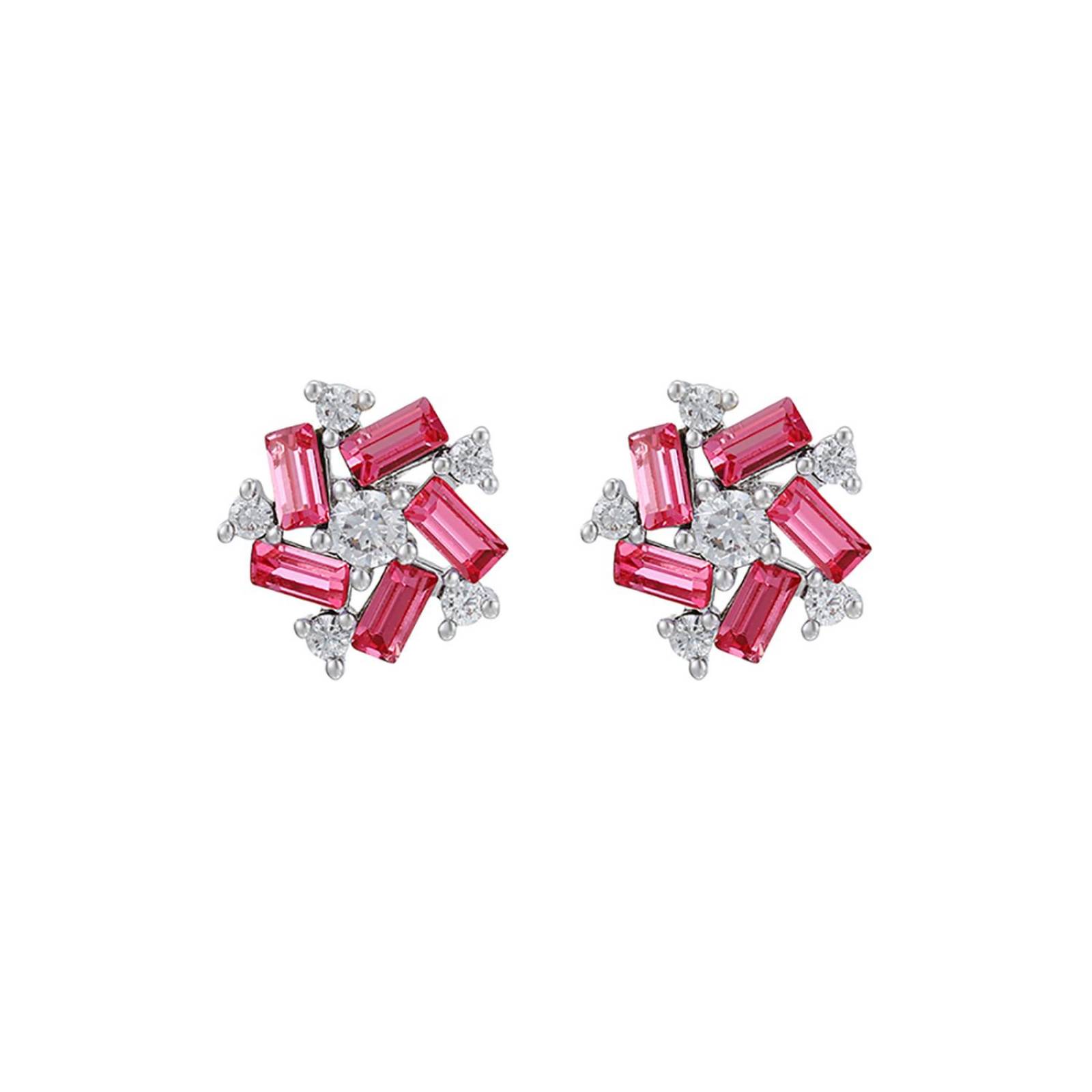 CRISTAL AMOR - Aretes Broquel Flor Dama Cristales y Rubí Oro Blanco 14K Laminado Rojo
