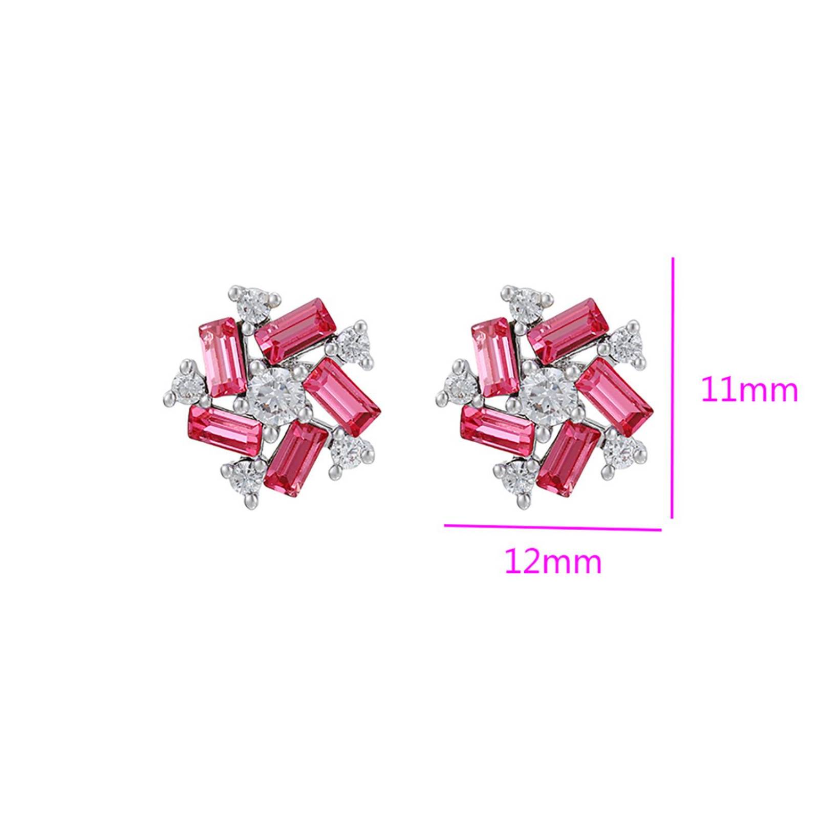 CRISTAL AMOR - Aretes Broquel Flor Dama Cristales y Rubí Oro Blanco 14K Laminado Rojo