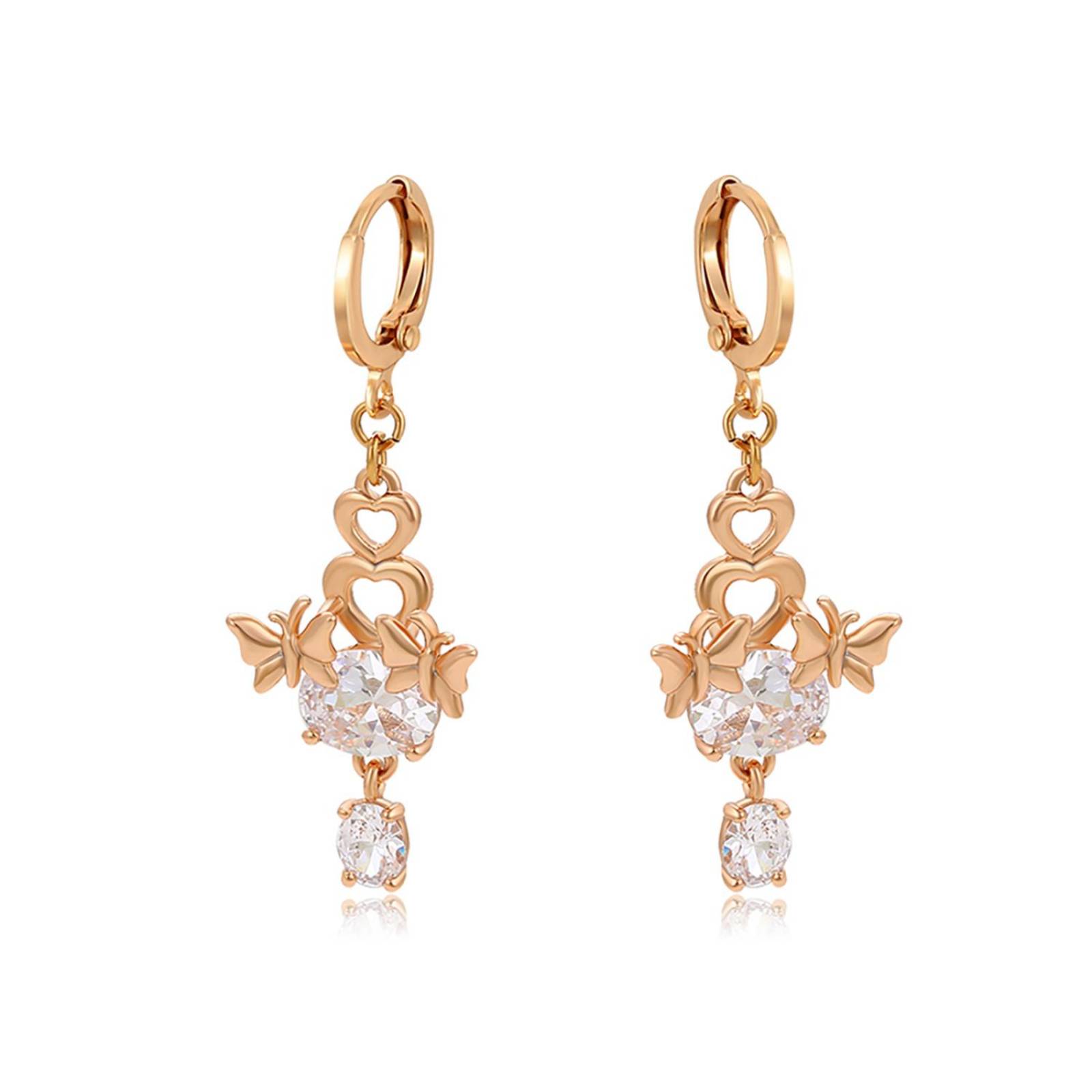 CRISTAL AMOR - Aretes Dama Mariposa Corazón Cristales Colgantes Oro 18K Laminado Dorado