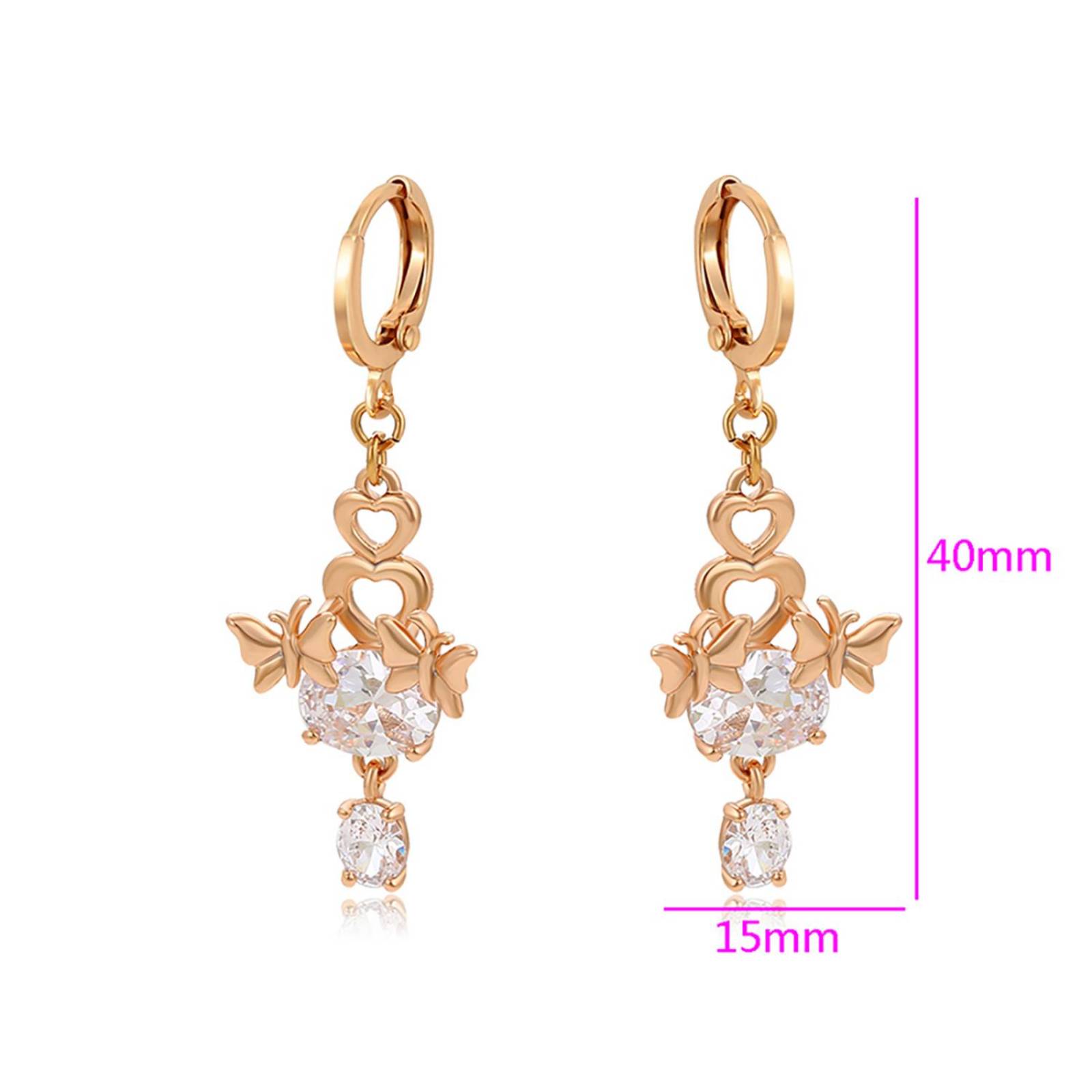 CRISTAL AMOR - Aretes Dama Mariposa Corazón Cristales Colgantes Oro 18K Laminado Dorado