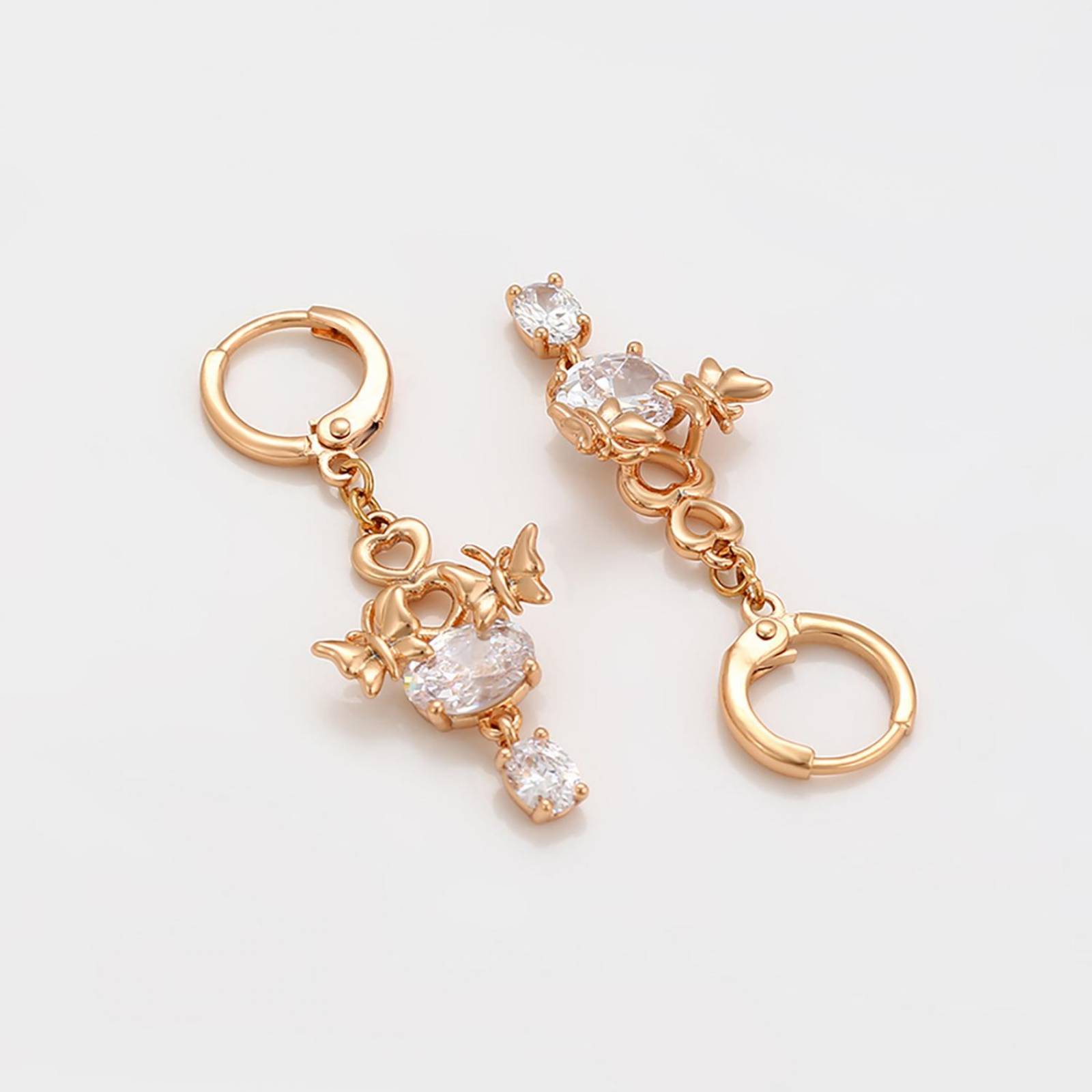 CRISTAL AMOR - Aretes Dama Mariposa Corazón Cristales Colgantes Oro 18K Laminado Dorado