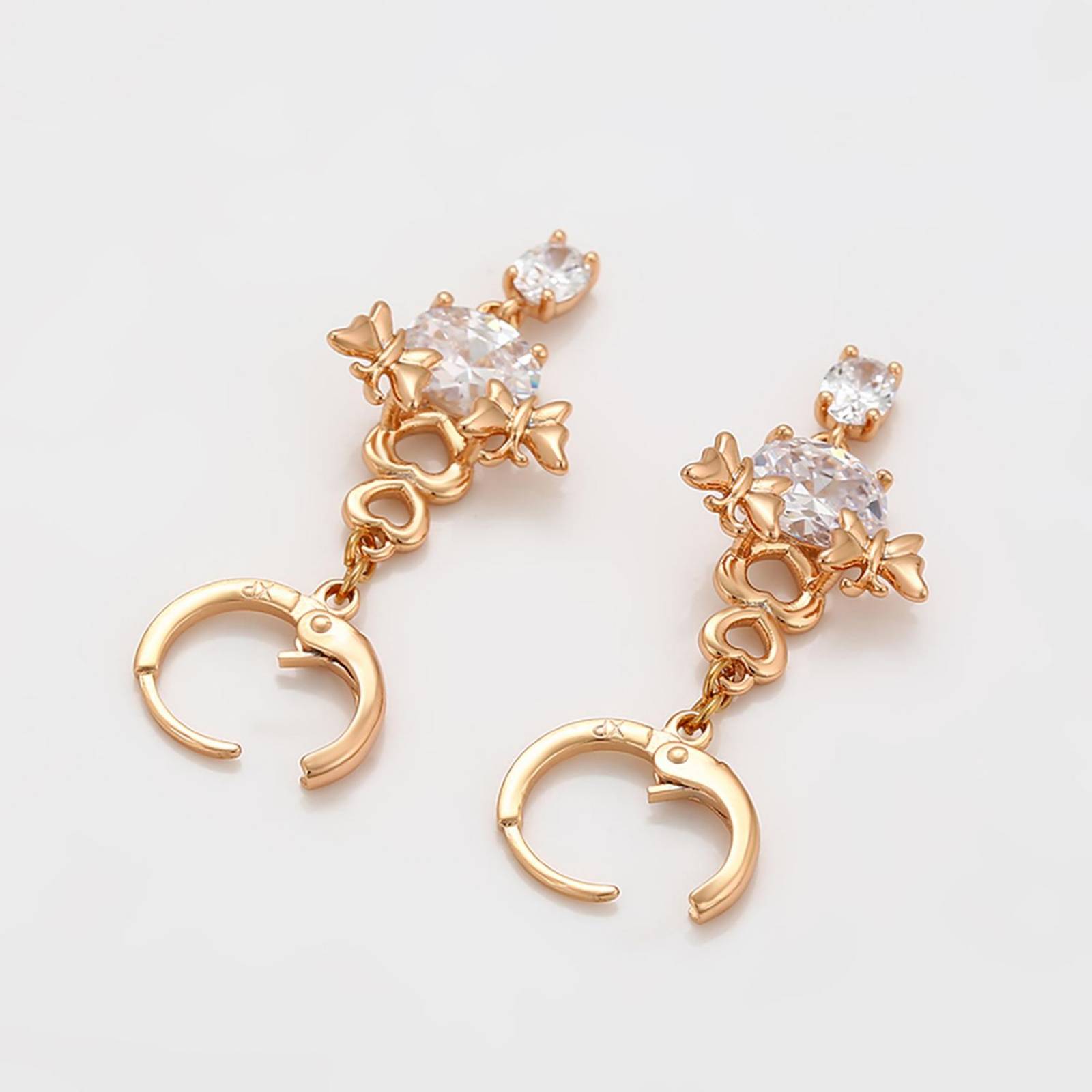 CRISTAL AMOR - Aretes Dama Mariposa Corazón Cristales Colgantes Oro 18K Laminado Dorado