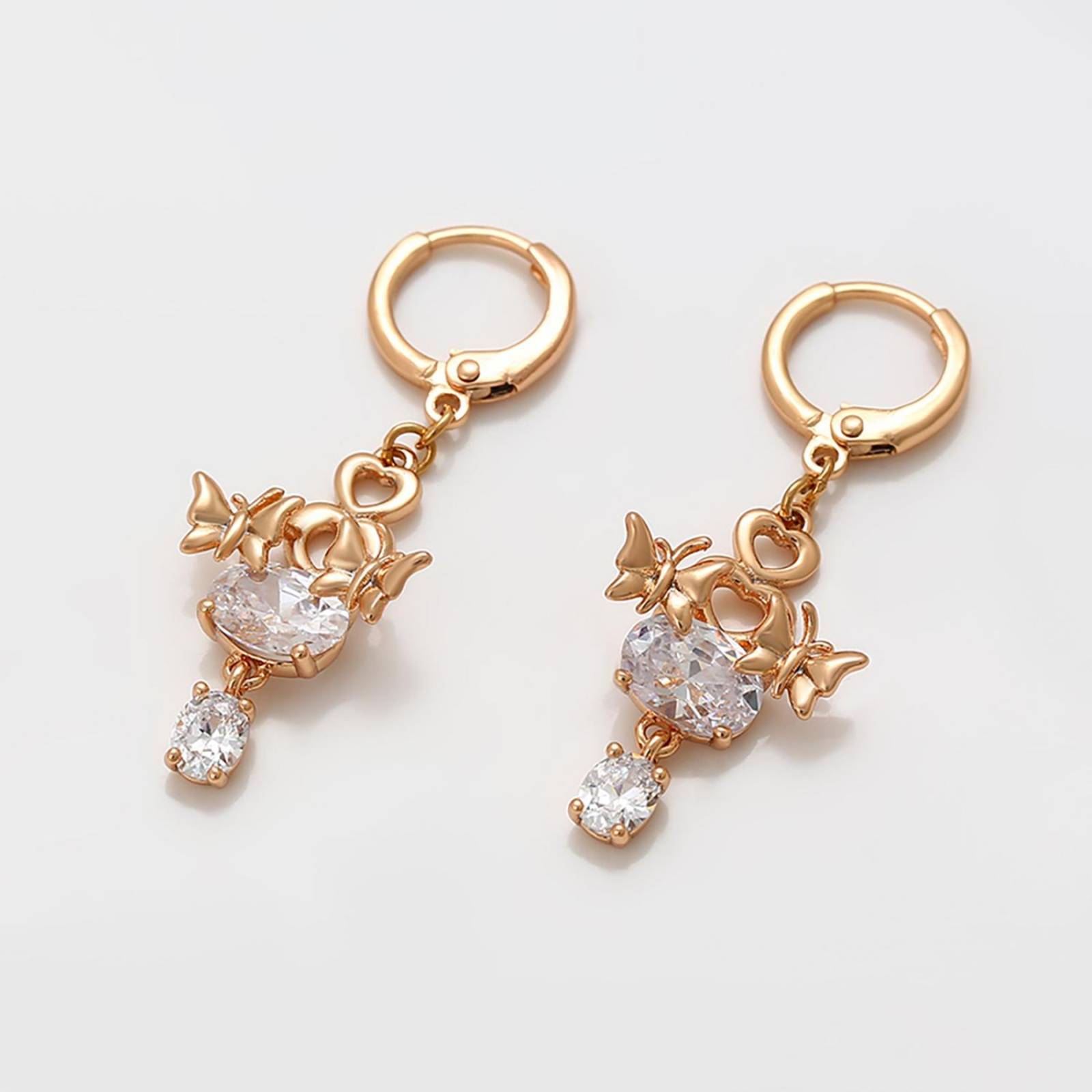 CRISTAL AMOR - Aretes Dama Mariposa Corazón Cristales Colgantes Oro 18K Laminado Dorado