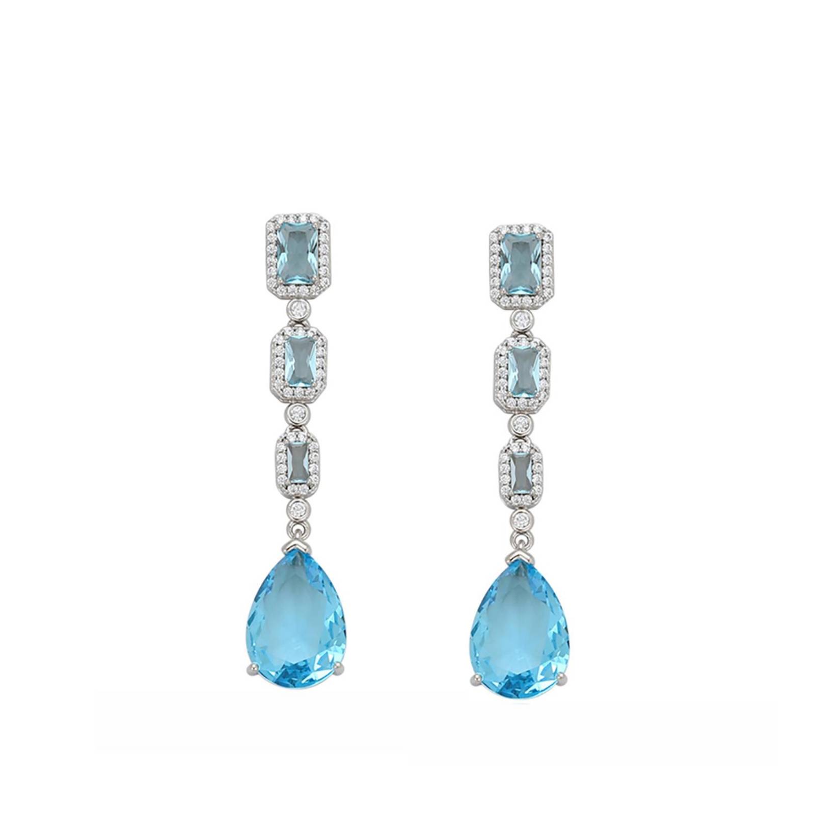 CRISTAL AMOR - Aretes Largos Con Cristales y Aquamarina Oro Blanco 14K Laminado .