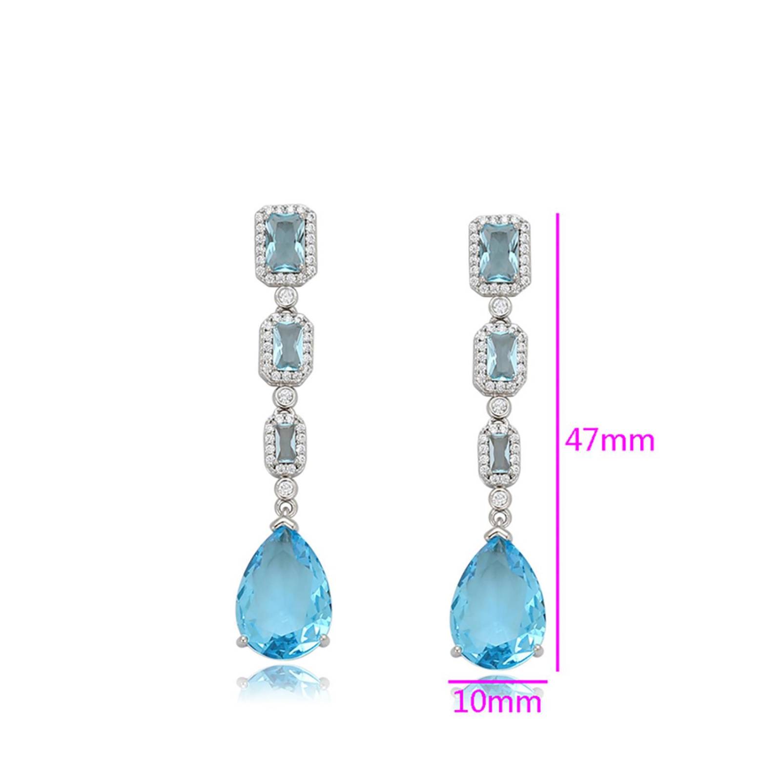 CRISTAL AMOR - Aretes Largos Con Cristales y Aquamarina Oro Blanco 14K Laminado .
