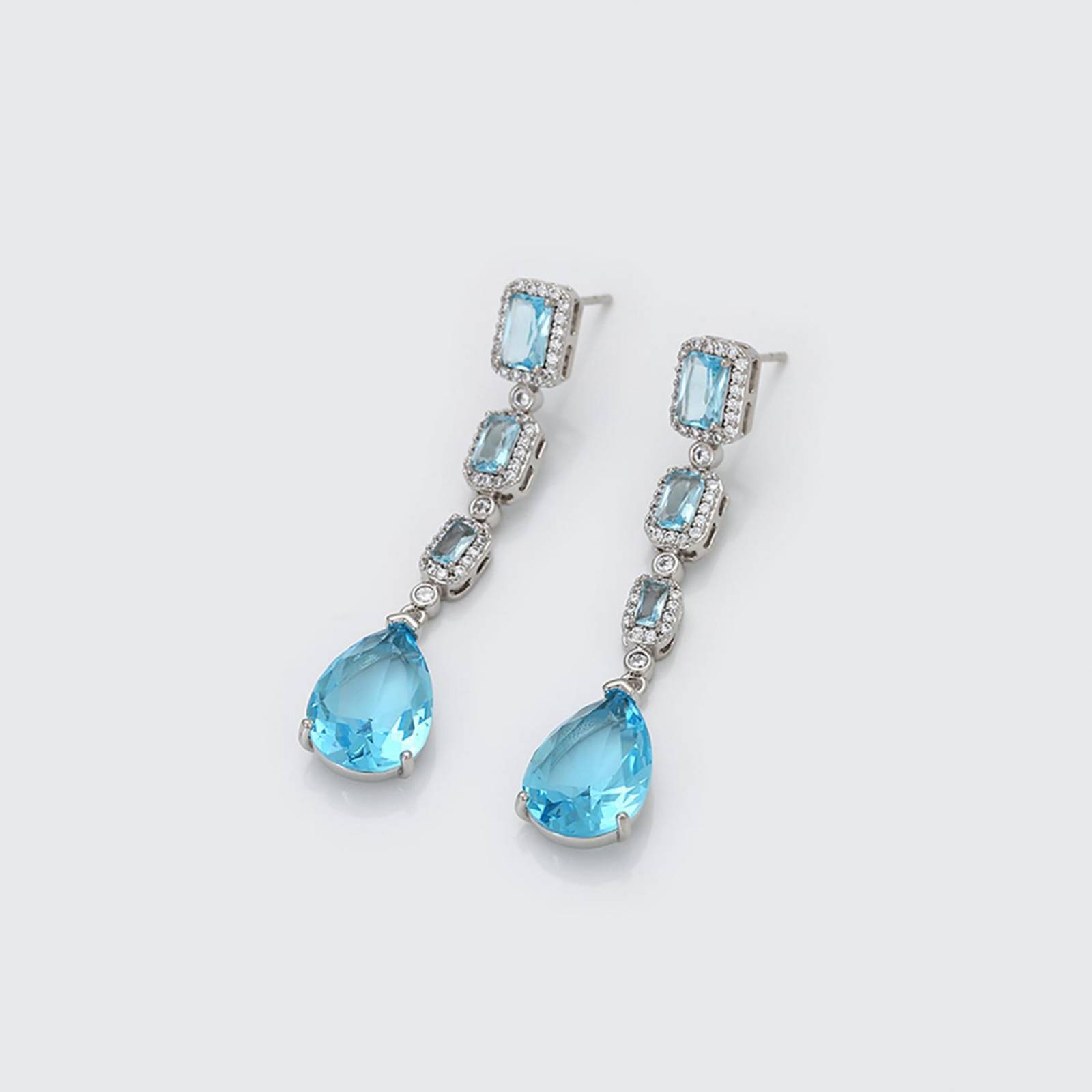 CRISTAL AMOR - Aretes Largos Con Cristales y Aquamarina Oro Blanco 14K Laminado .