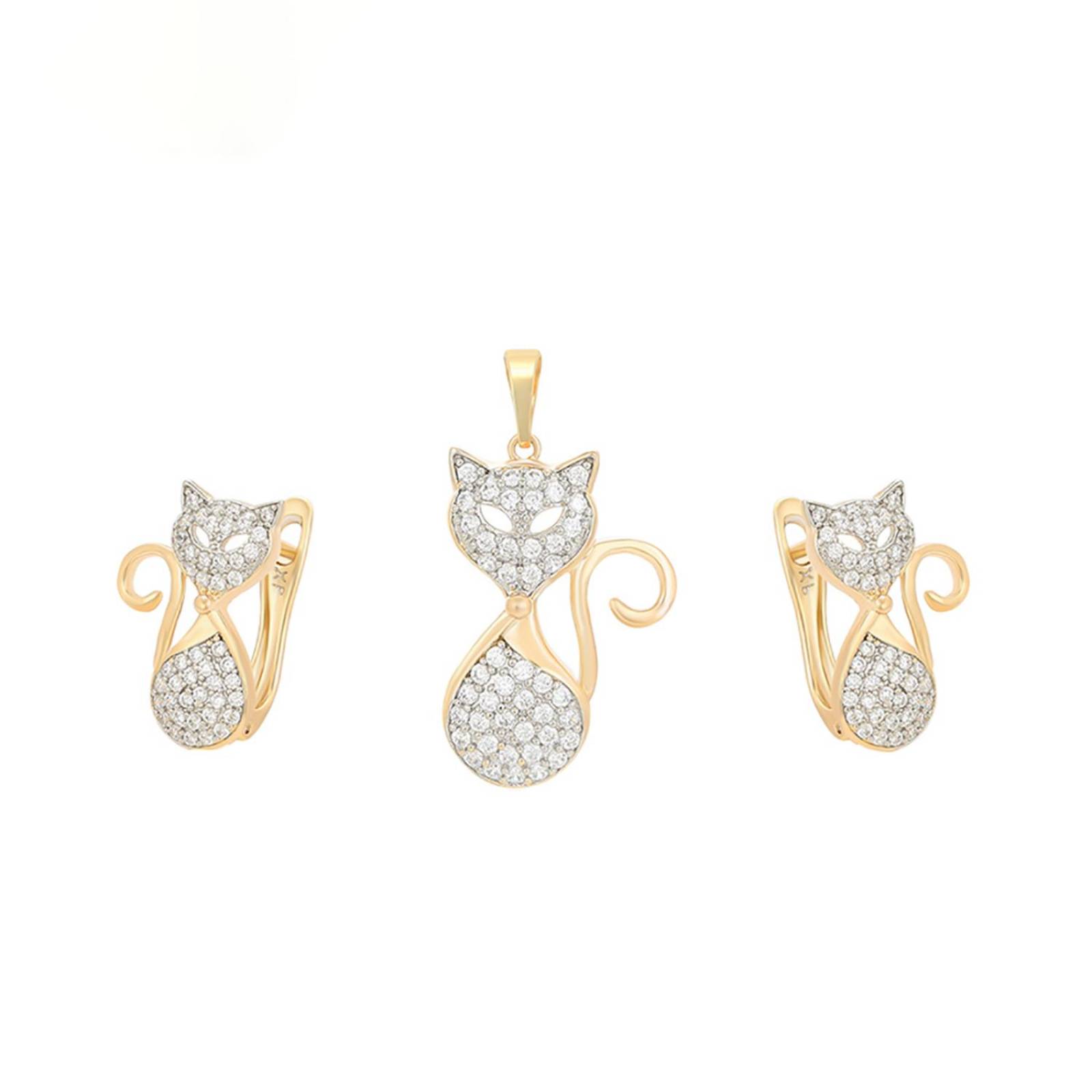 CRISTAL AMOR - Collar y Aretes Gato Con Brillantes Cristales Austriacos Oro 14K Laminado Dorado