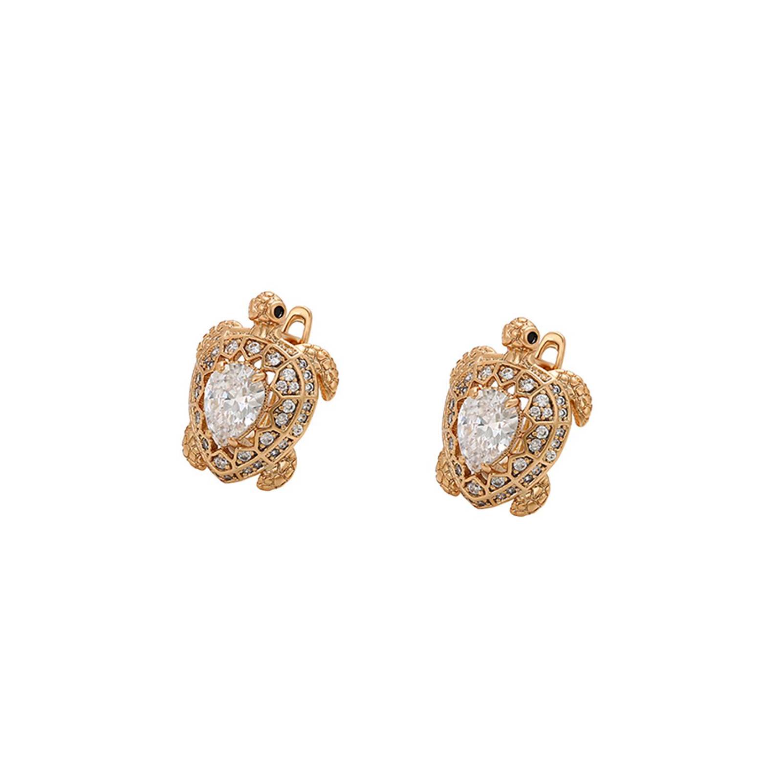 CRISTAL AMOR - Aretes Dama Diseño Tortuga Cristales Austriacos y Onix Oro 18K Laminado Dorado