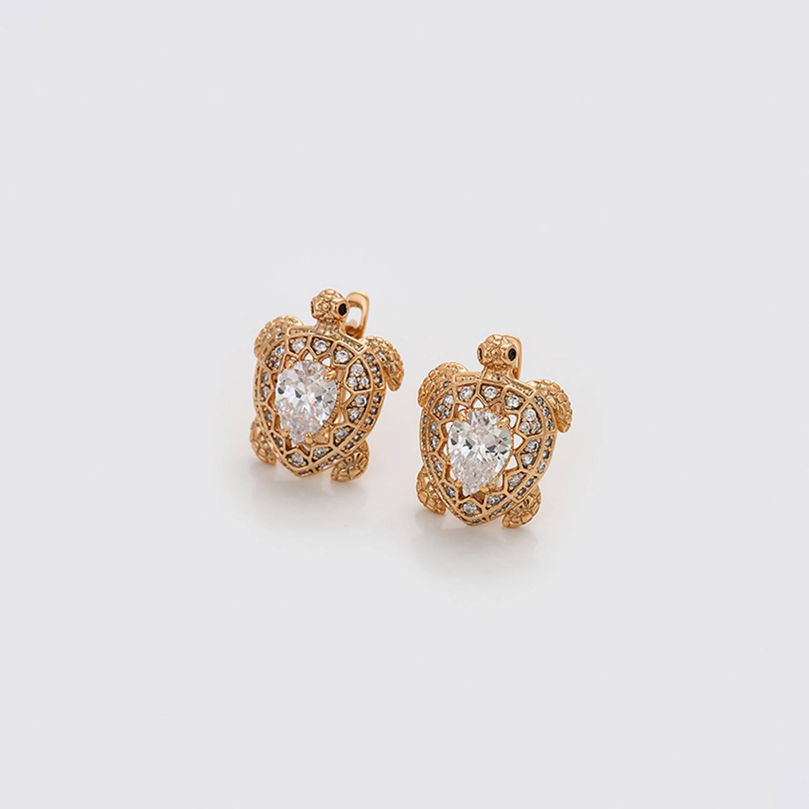 CRISTAL AMOR - Aretes Dama Diseño Tortuga Cristales Austriacos y Onix Oro 18K Laminado Dorado
