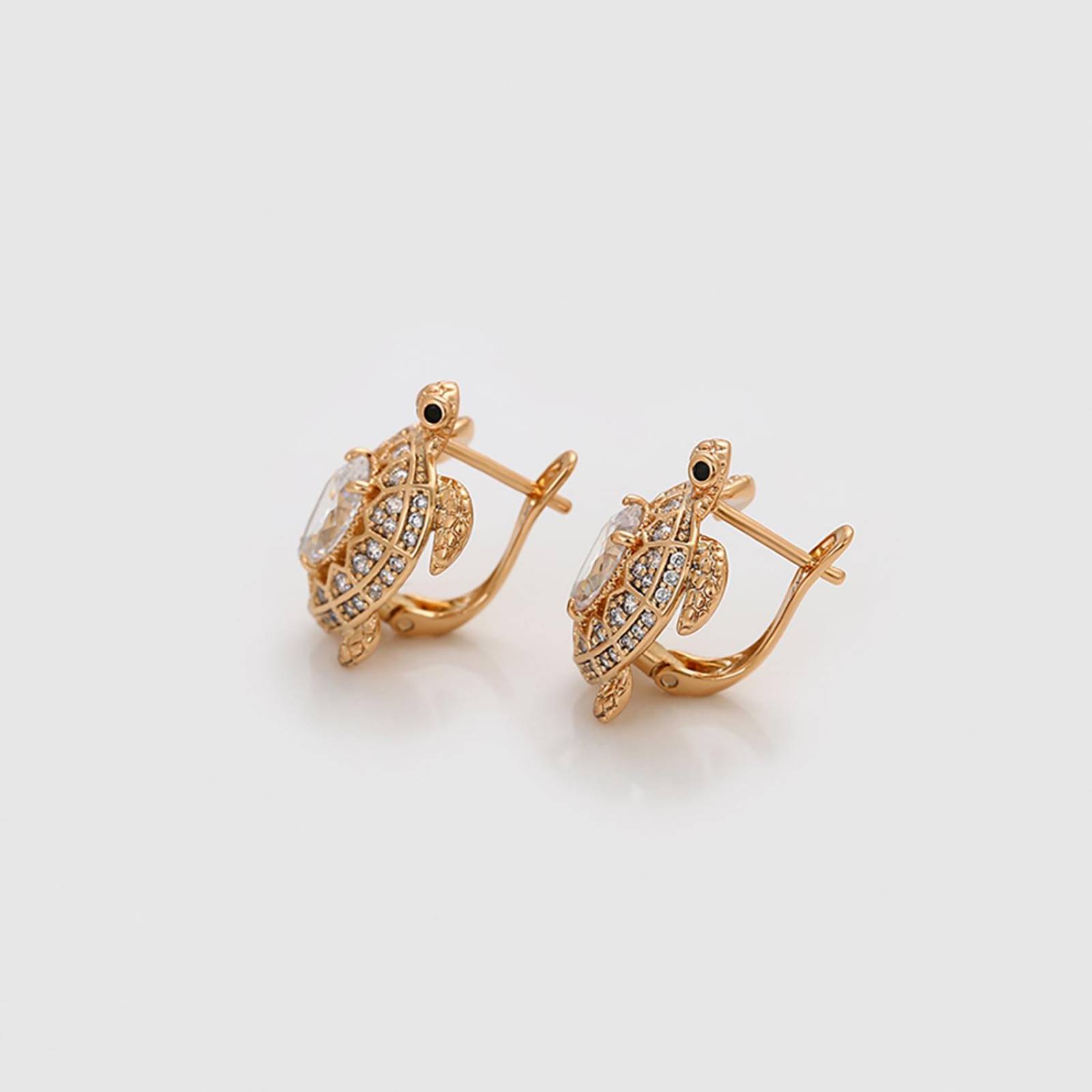 CRISTAL AMOR - Aretes Dama Diseño Tortuga Cristales Austriacos y Onix Oro 18K Laminado Dorado