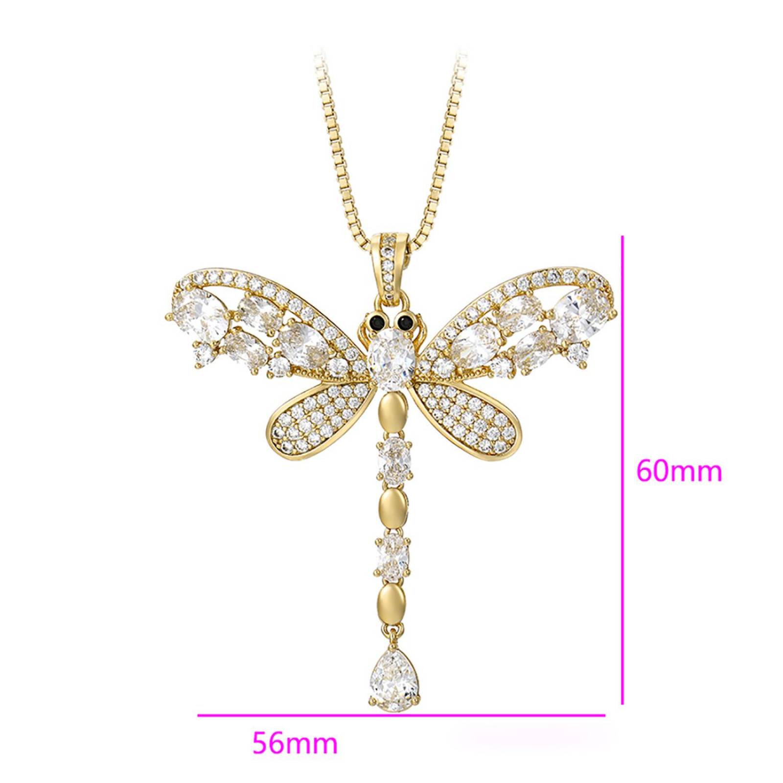 CRISTAL AMOR - Fino Collar Largo Libelula Con Cristales Austriacos y Onix Oro 14K Laminado Dorado