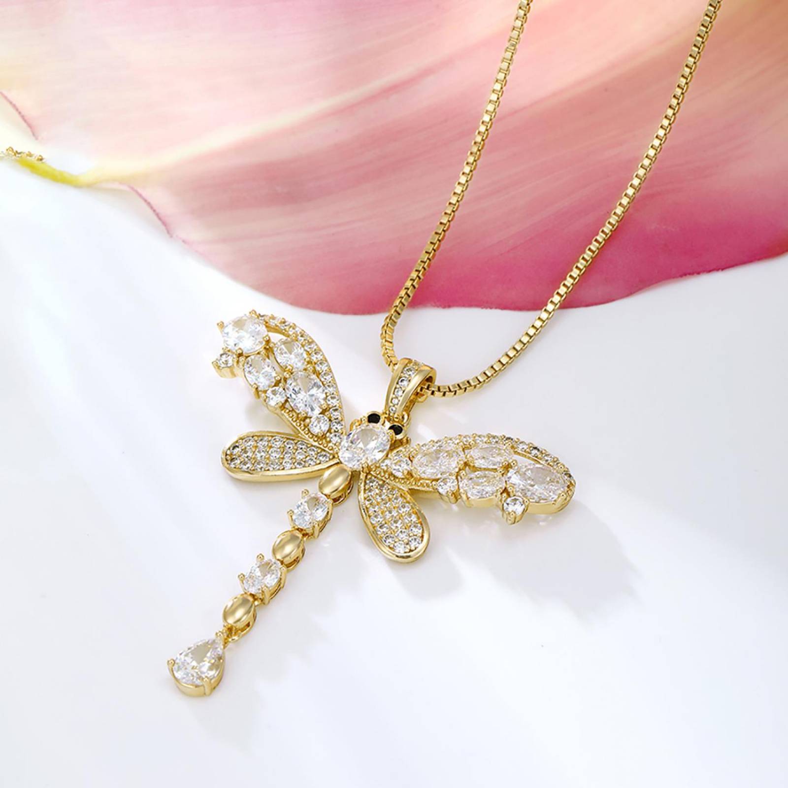 CRISTAL AMOR - Fino Collar Largo Libelula Con Cristales Austriacos y Onix Oro 14K Laminado Dorado