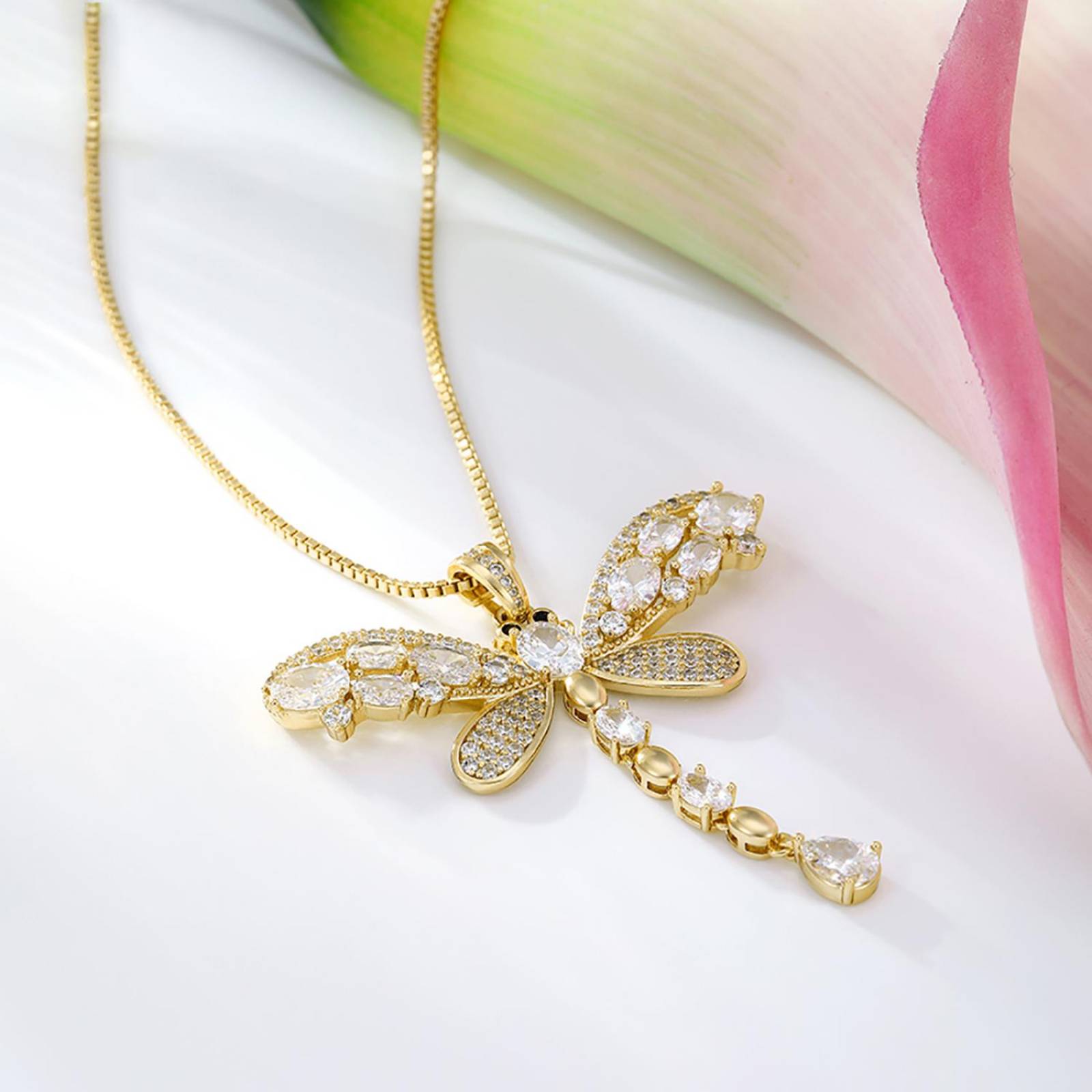 CRISTAL AMOR - Fino Collar Largo Libelula Con Cristales Austriacos y Onix Oro 14K Laminado Dorado