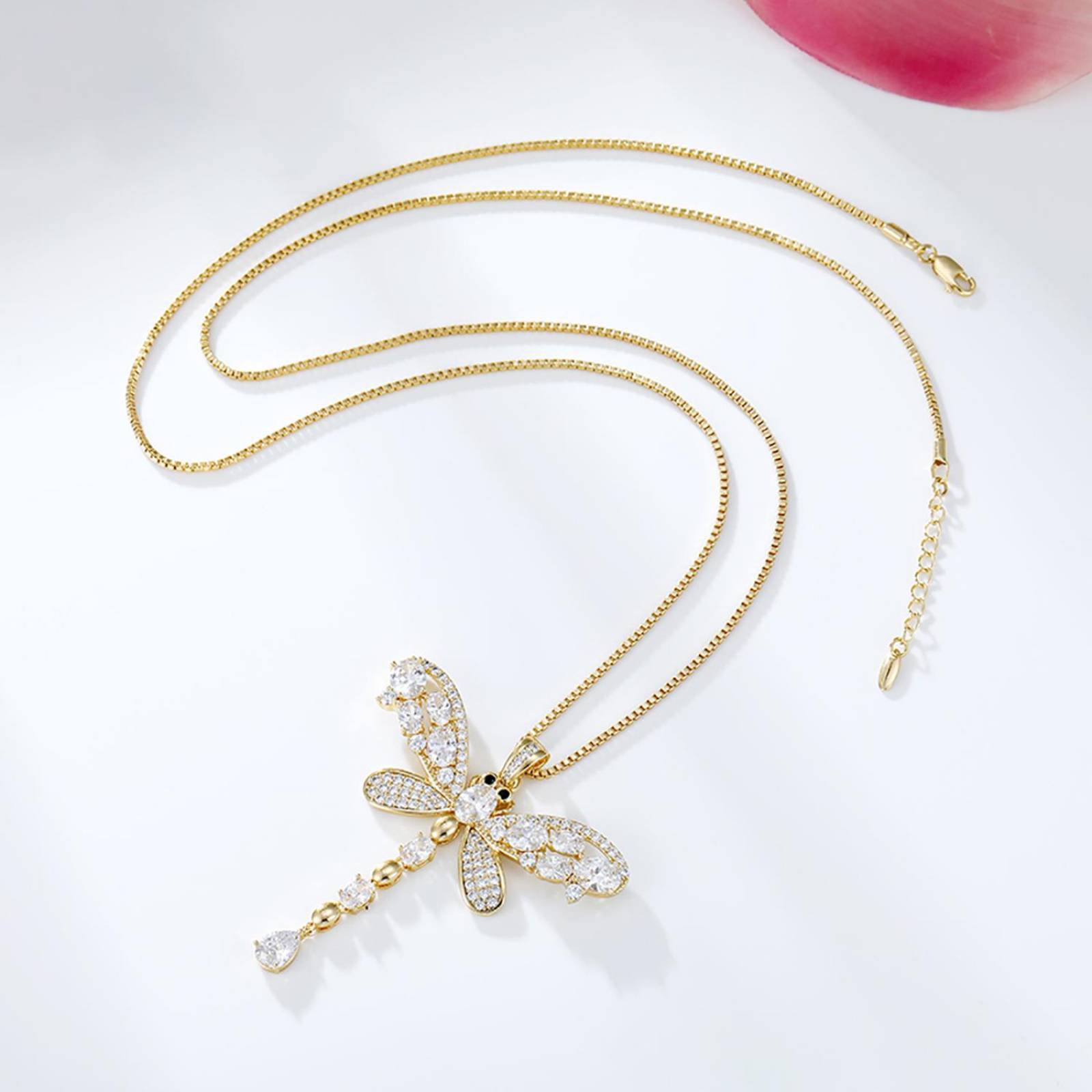 CRISTAL AMOR - Fino Collar Largo Libelula Con Cristales Austriacos y Onix Oro 14K Laminado Dorado