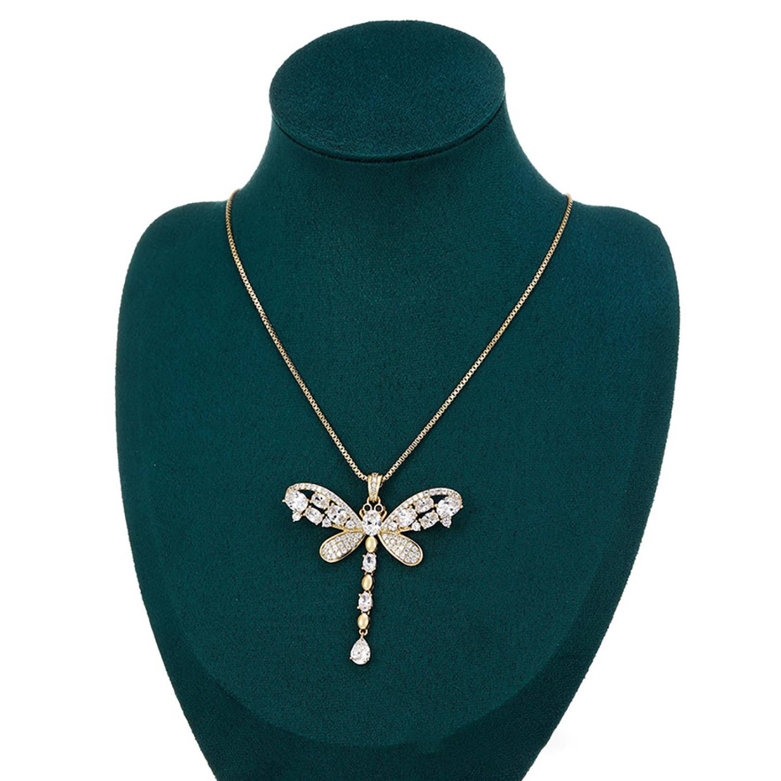CRISTAL AMOR - Fino Collar Largo Libelula Con Cristales Austriacos y Onix Oro 14K Laminado Dorado