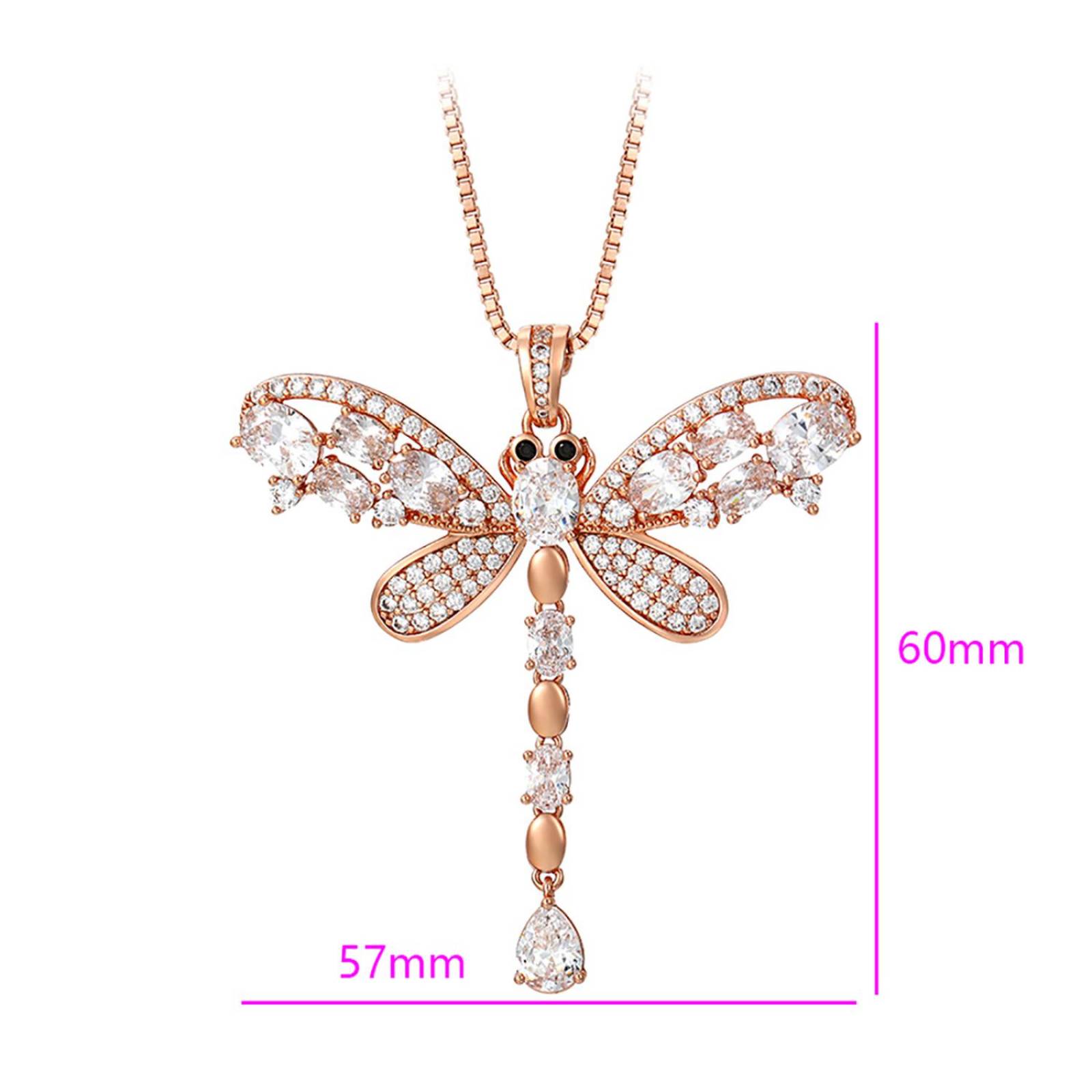 CRISTAL AMOR - Fino Collar Largo Libelula Con Cristales Austriacos y Onix Oro 14K Laminado Rosa