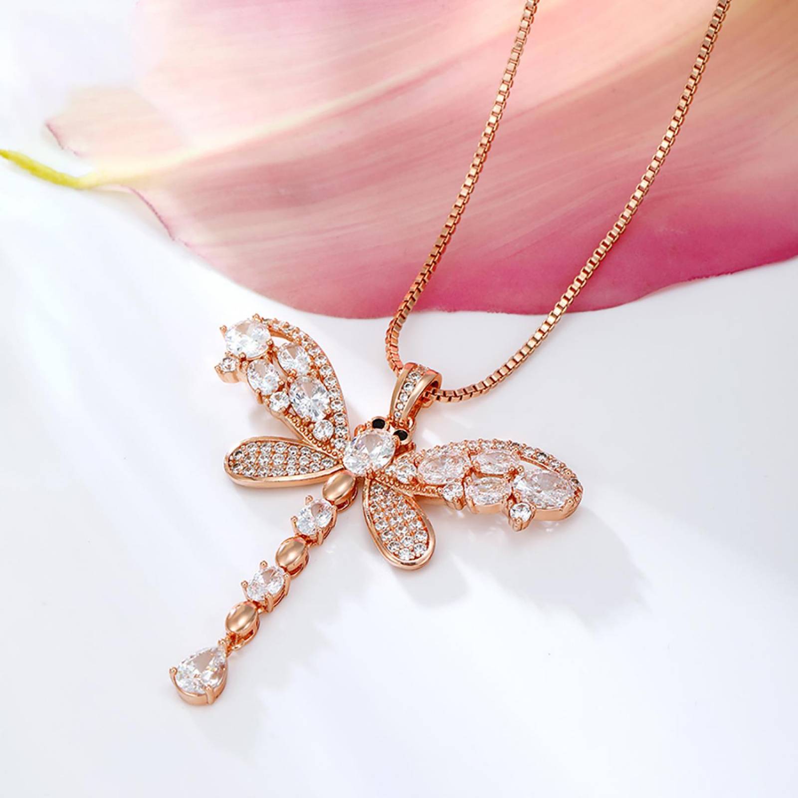 CRISTAL AMOR - Fino Collar Largo Libelula Con Cristales Austriacos y Onix Oro 14K Laminado Rosa