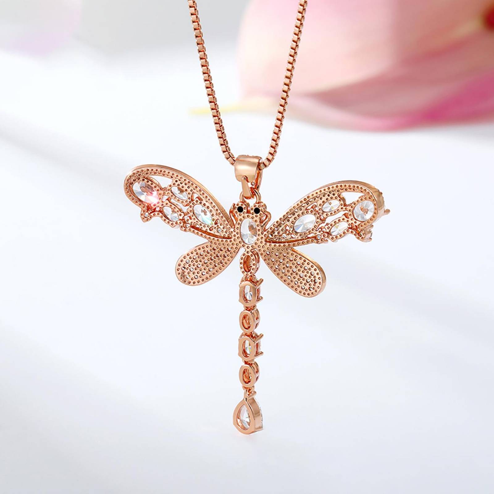 CRISTAL AMOR - Fino Collar Largo Libelula Con Cristales Austriacos y Onix Oro 14K Laminado Rosa