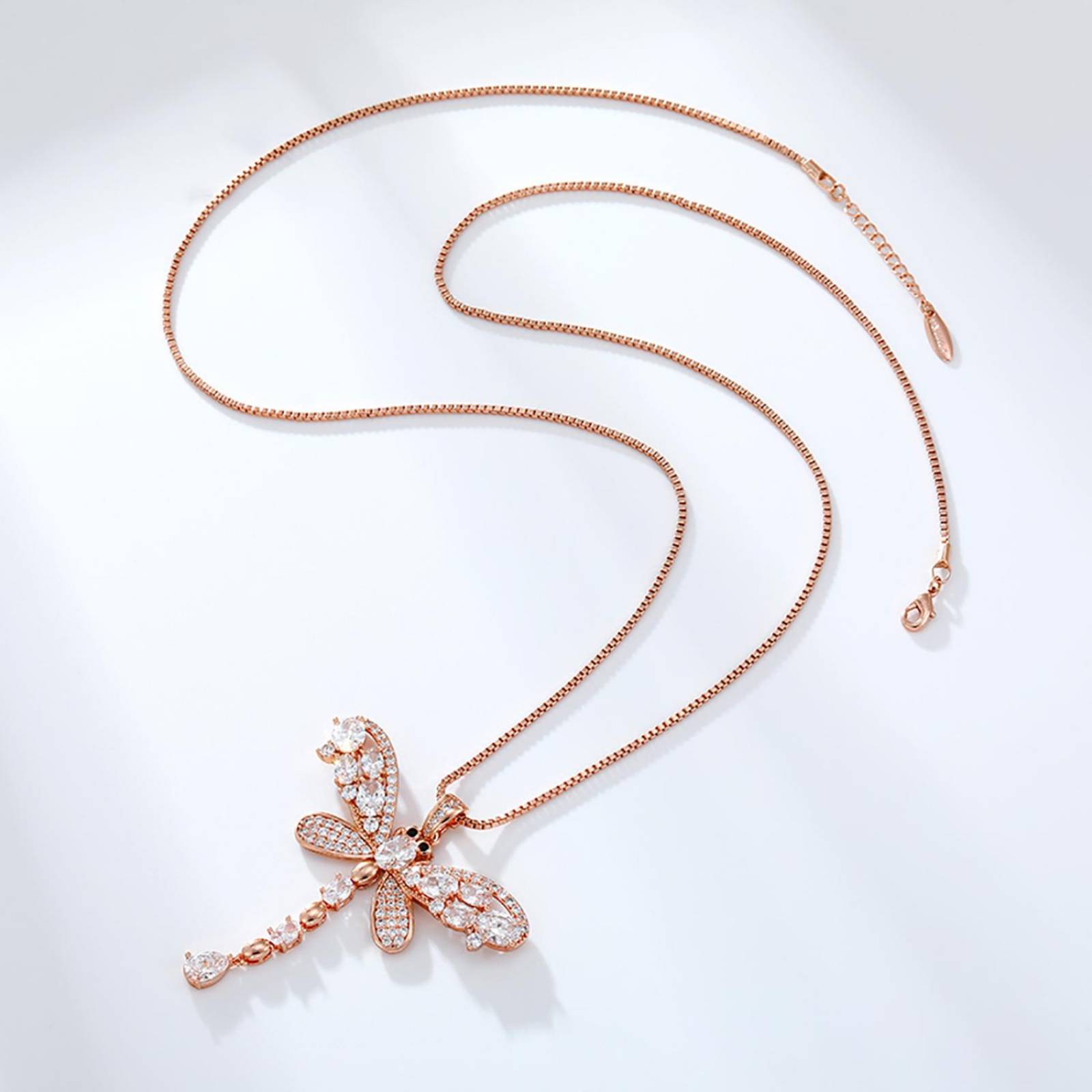 CRISTAL AMOR - Fino Collar Largo Libelula Con Cristales Austriacos y Onix Oro 14K Laminado Rosa