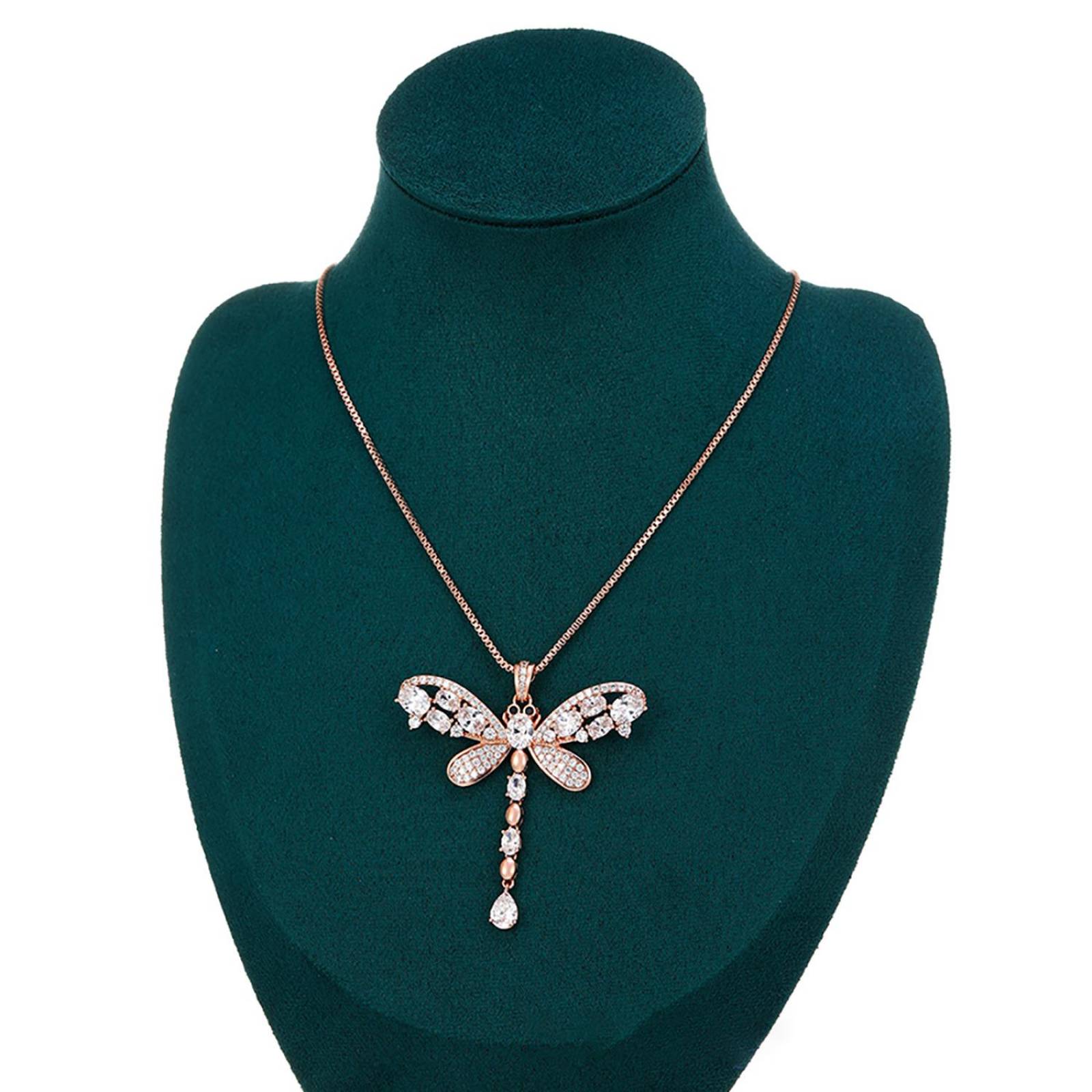 CRISTAL AMOR - Fino Collar Largo Libelula Con Cristales Austriacos y Onix Oro 14K Laminado Rosa