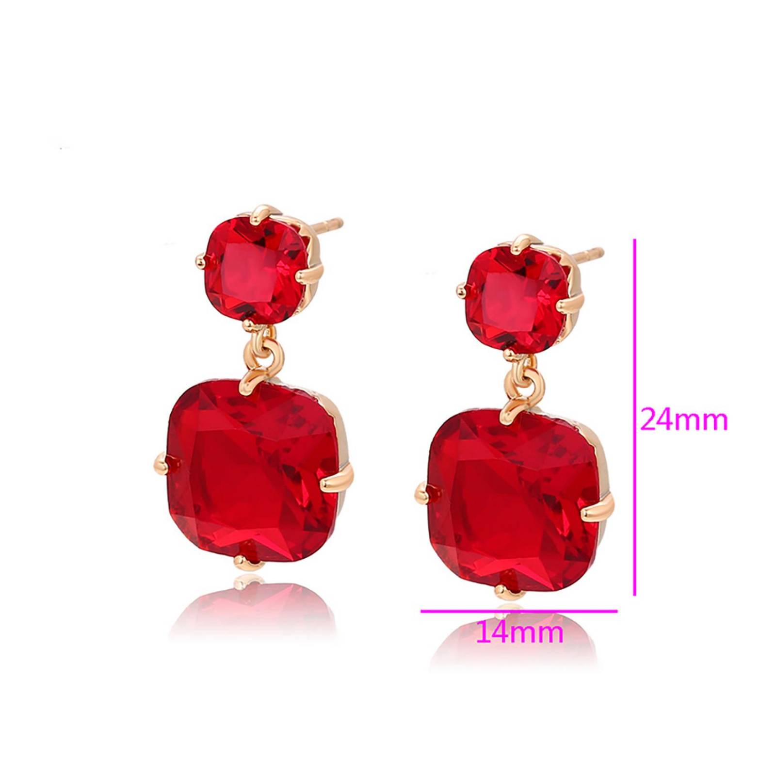 CRISTAL AMOR - Aretes Colgantes Cuadrados Rubí Oro 18K Laminado Dorado