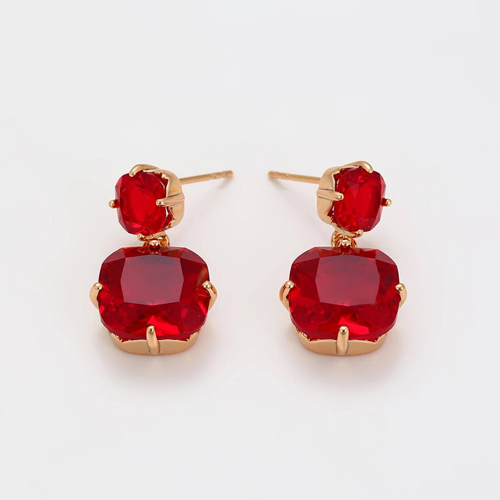 CRISTAL AMOR - Aretes Colgantes Cuadrados Rubí Oro 18K Laminado Dorado