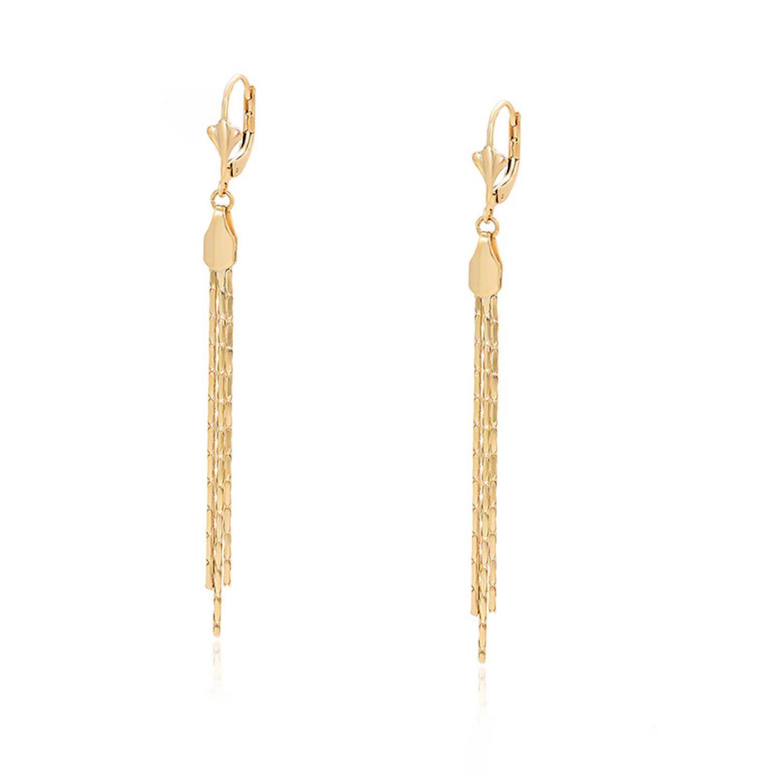 CRISTAL AMOR - Aretes Colgantes Largos Fiesta Flor de Lis Dama Oro 14K Laminado Dorado