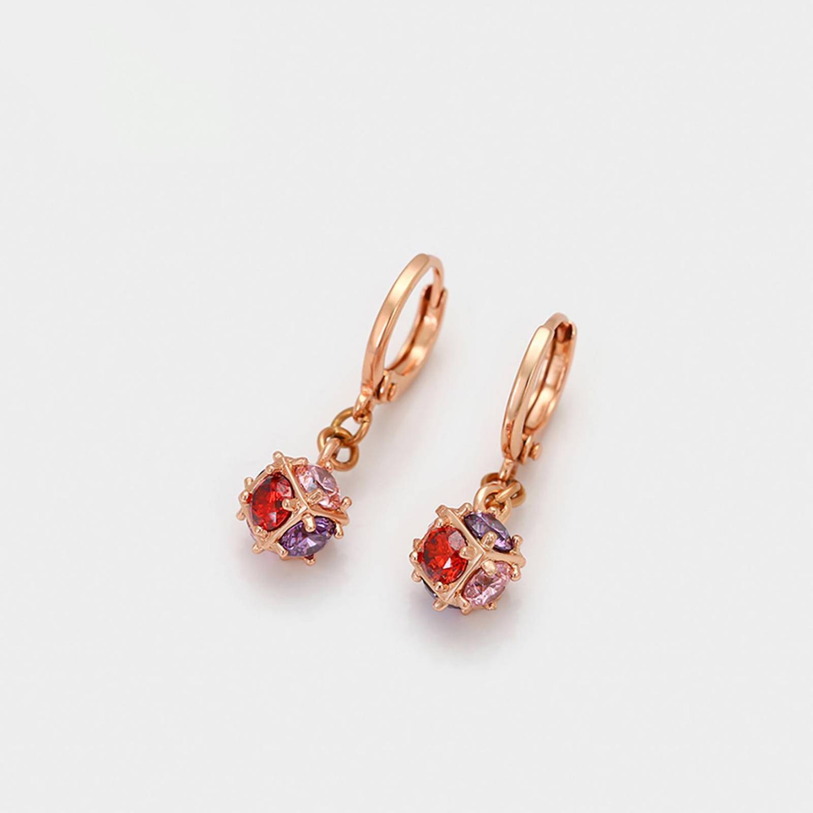 CRISTAL AMOR - Aretes Bola de Fuego Colgante Cristales Multicolor Oro Rosa 14K Laminado