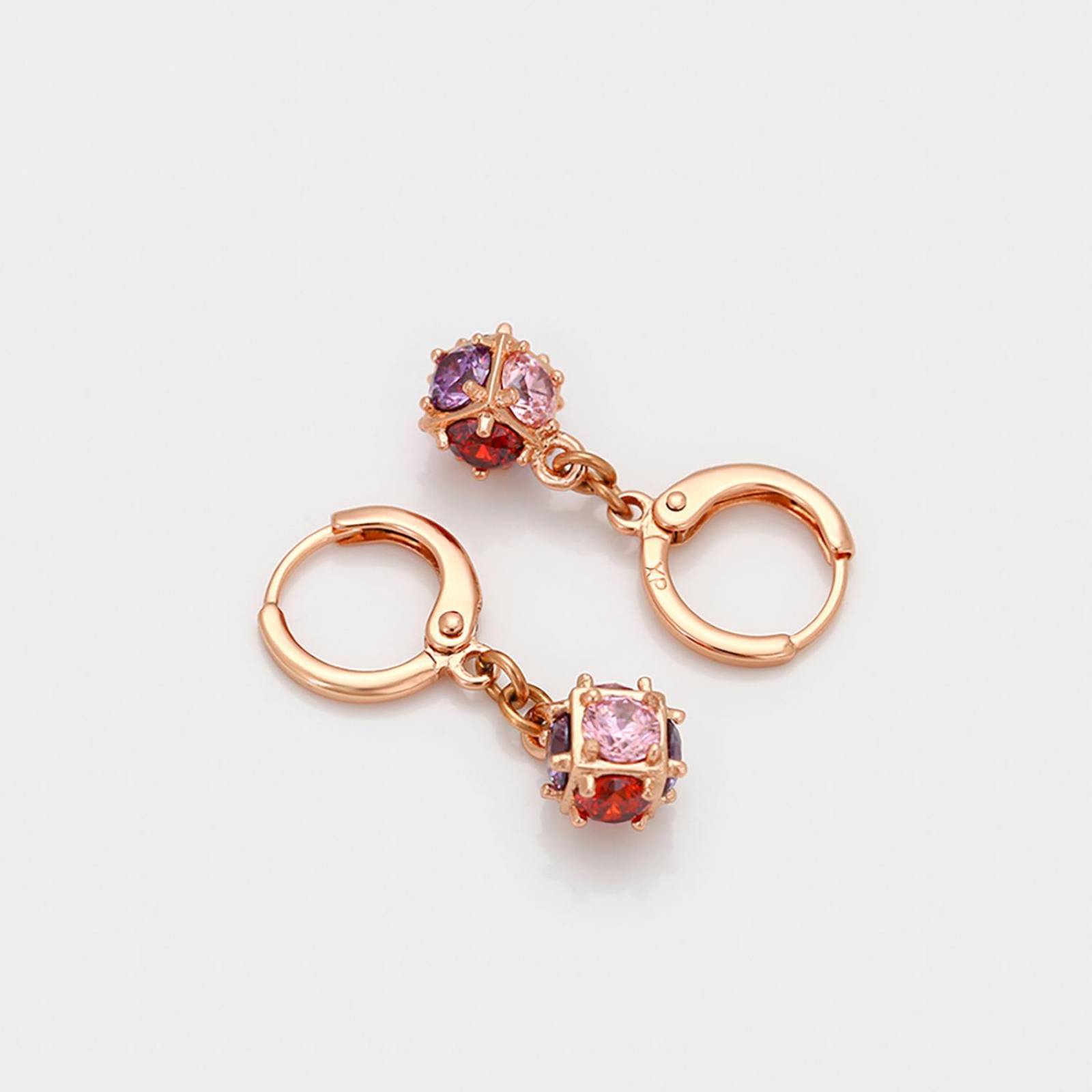 CRISTAL AMOR - Aretes Bola de Fuego Colgante Cristales Multicolor Oro Rosa 14K Laminado