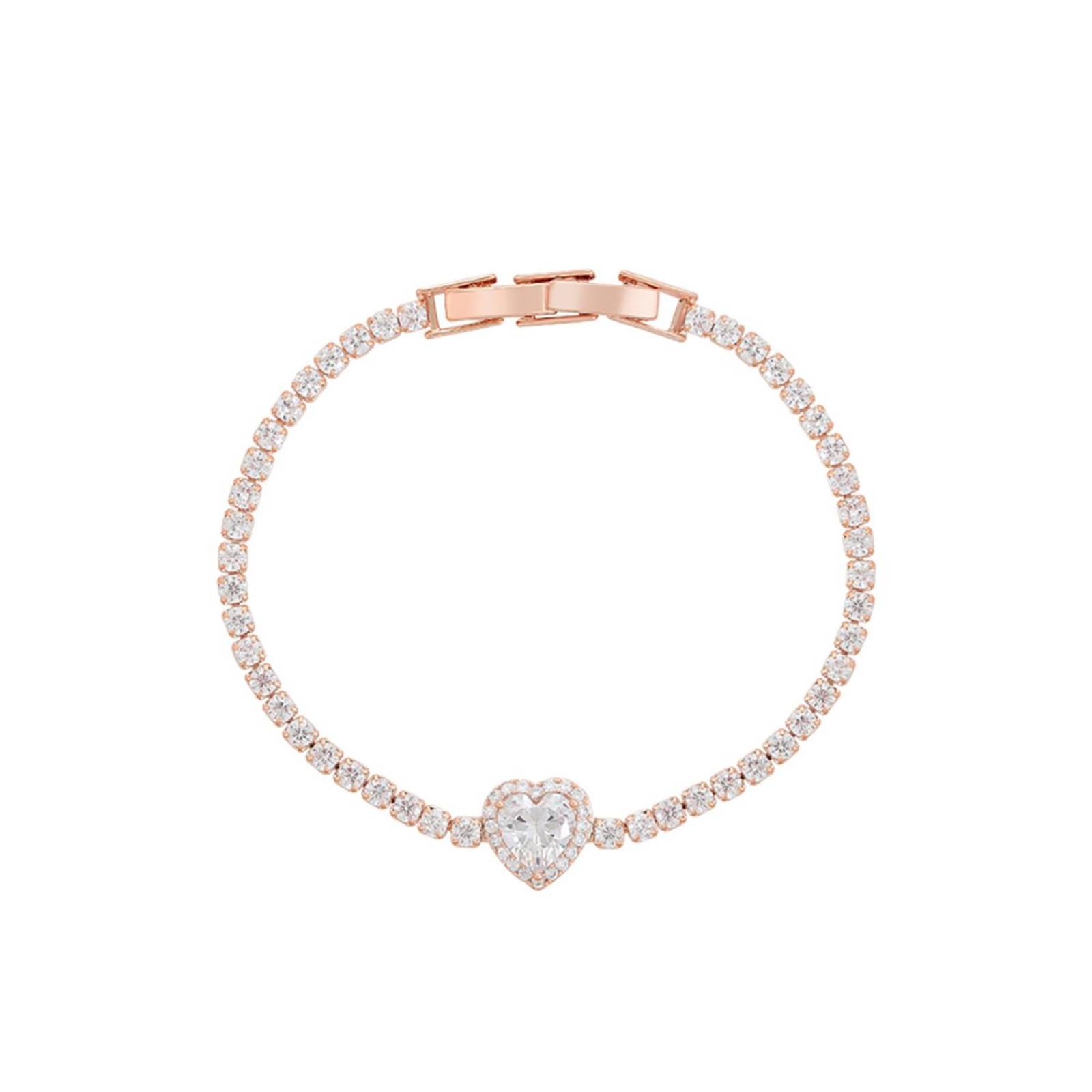 CRISTAL AMOR - Pulsera Esclava Corazón Cristal Diamante Oro Rosa 14K Laminado 