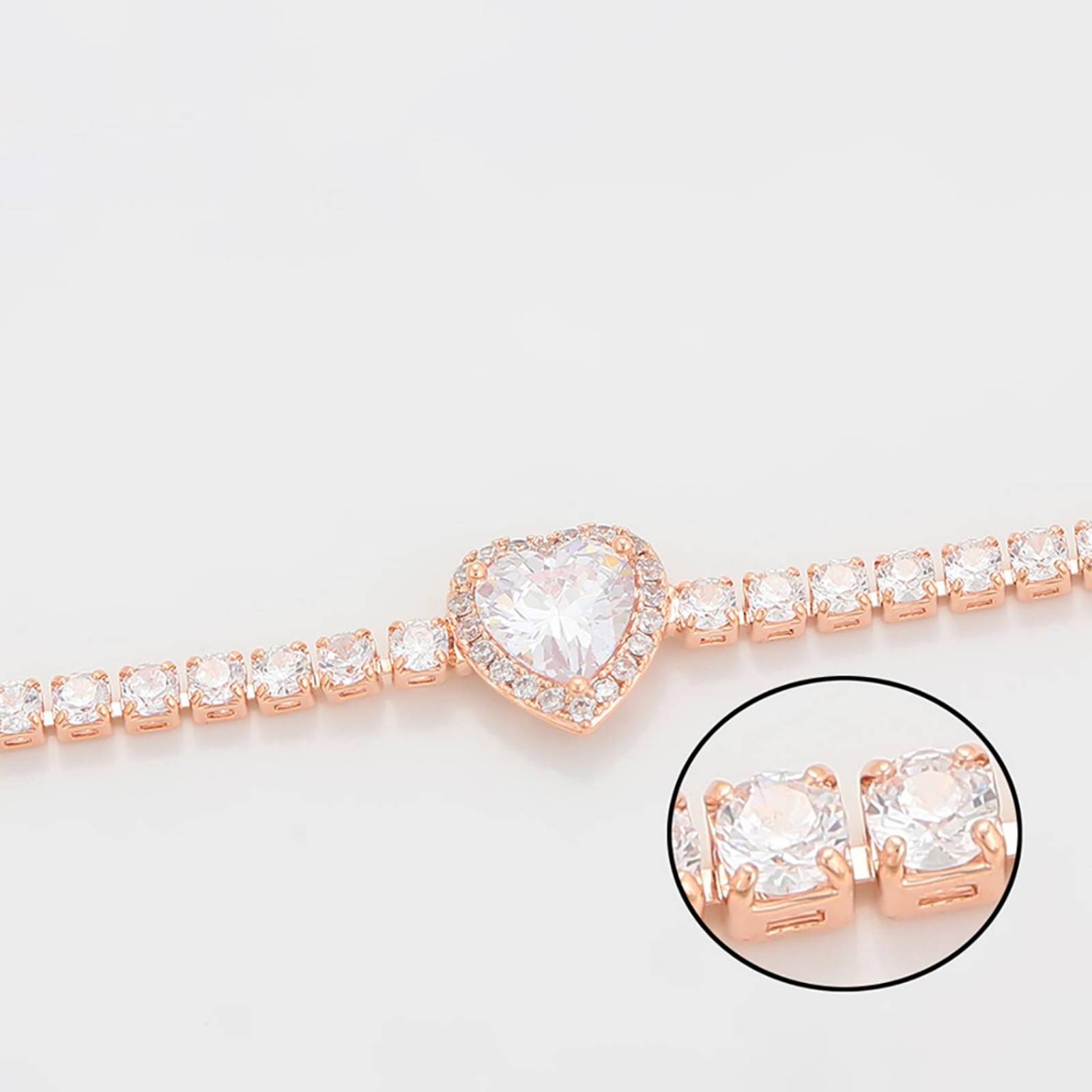 CRISTAL AMOR - Pulsera Esclava Corazón Cristal Diamante Oro Rosa 14K Laminado 