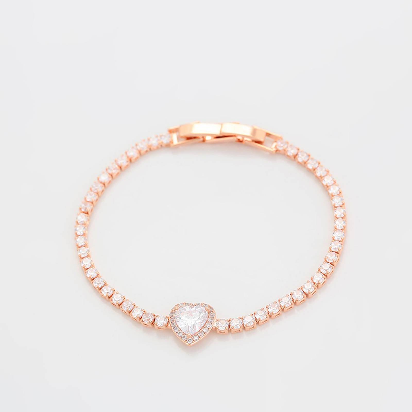 CRISTAL AMOR - Pulsera Esclava Corazón Cristal Diamante Oro Rosa 14K Laminado 