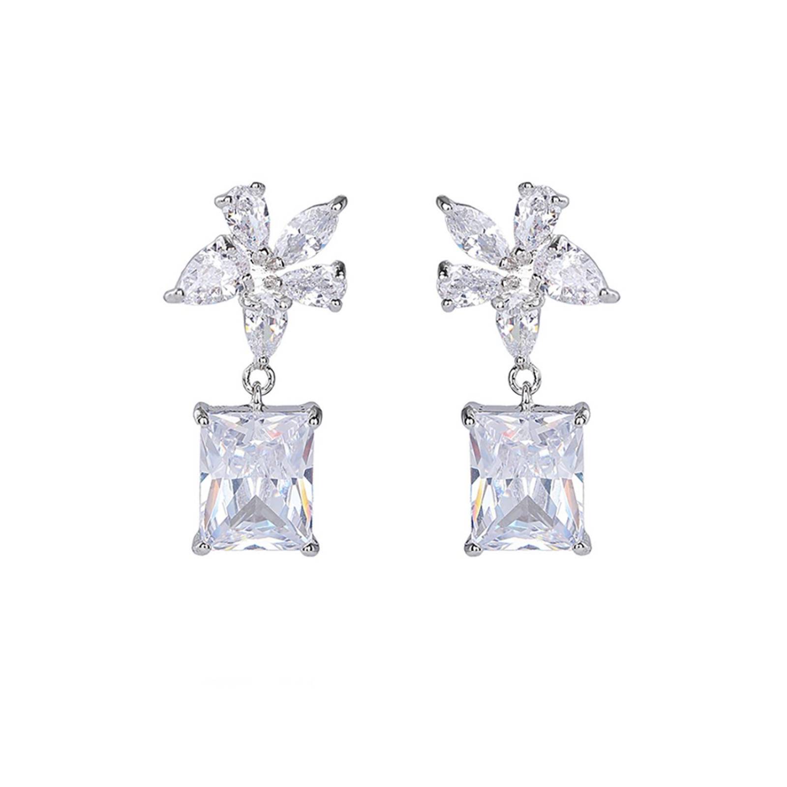 CRISTAL AMOR - Aretes Colgantes Flor Cristal Diamante Oro Blanco 14K Laminado 