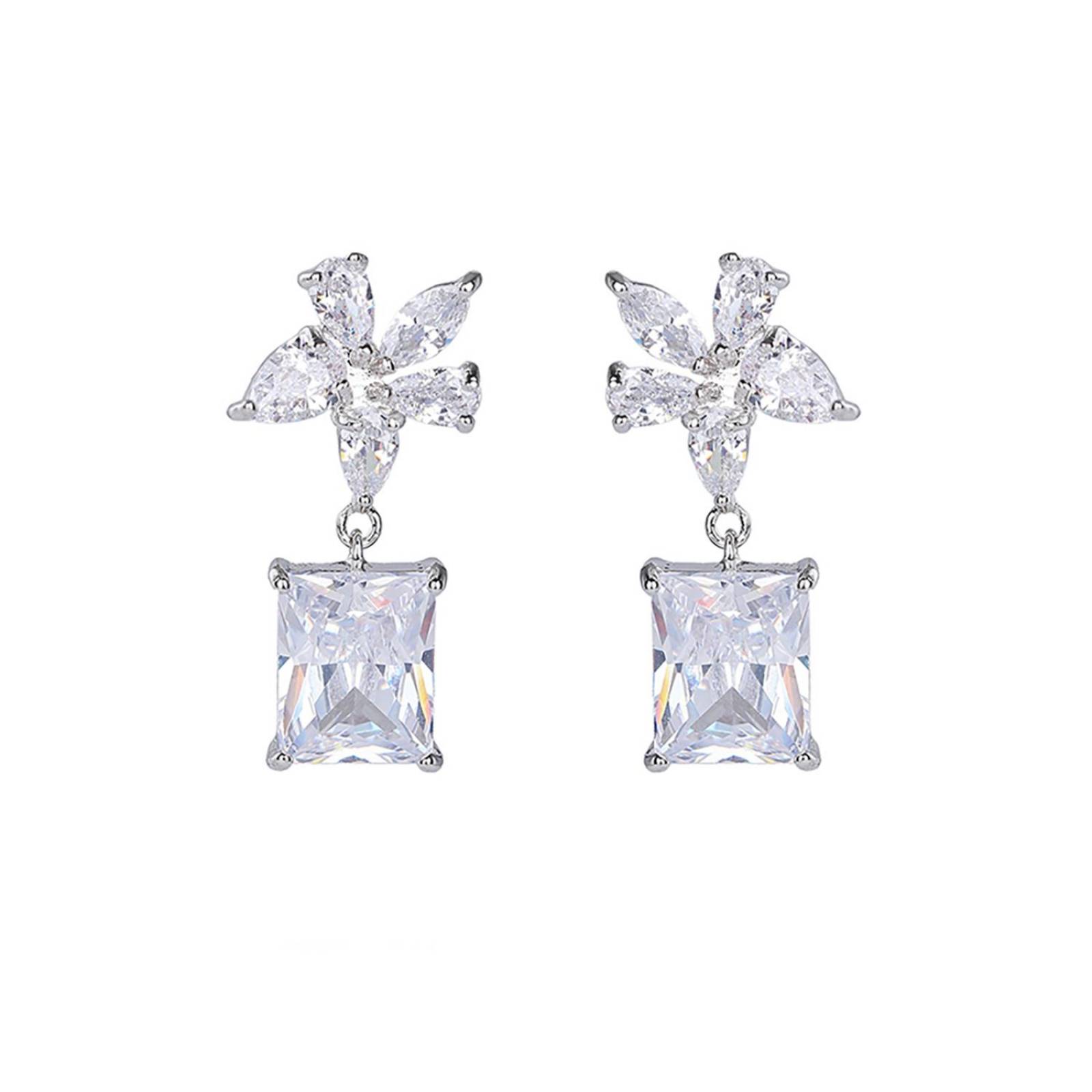 CRISTAL AMOR - Aretes Colgantes Flor Cristal Diamante Oro Blanco 14K Laminado 
