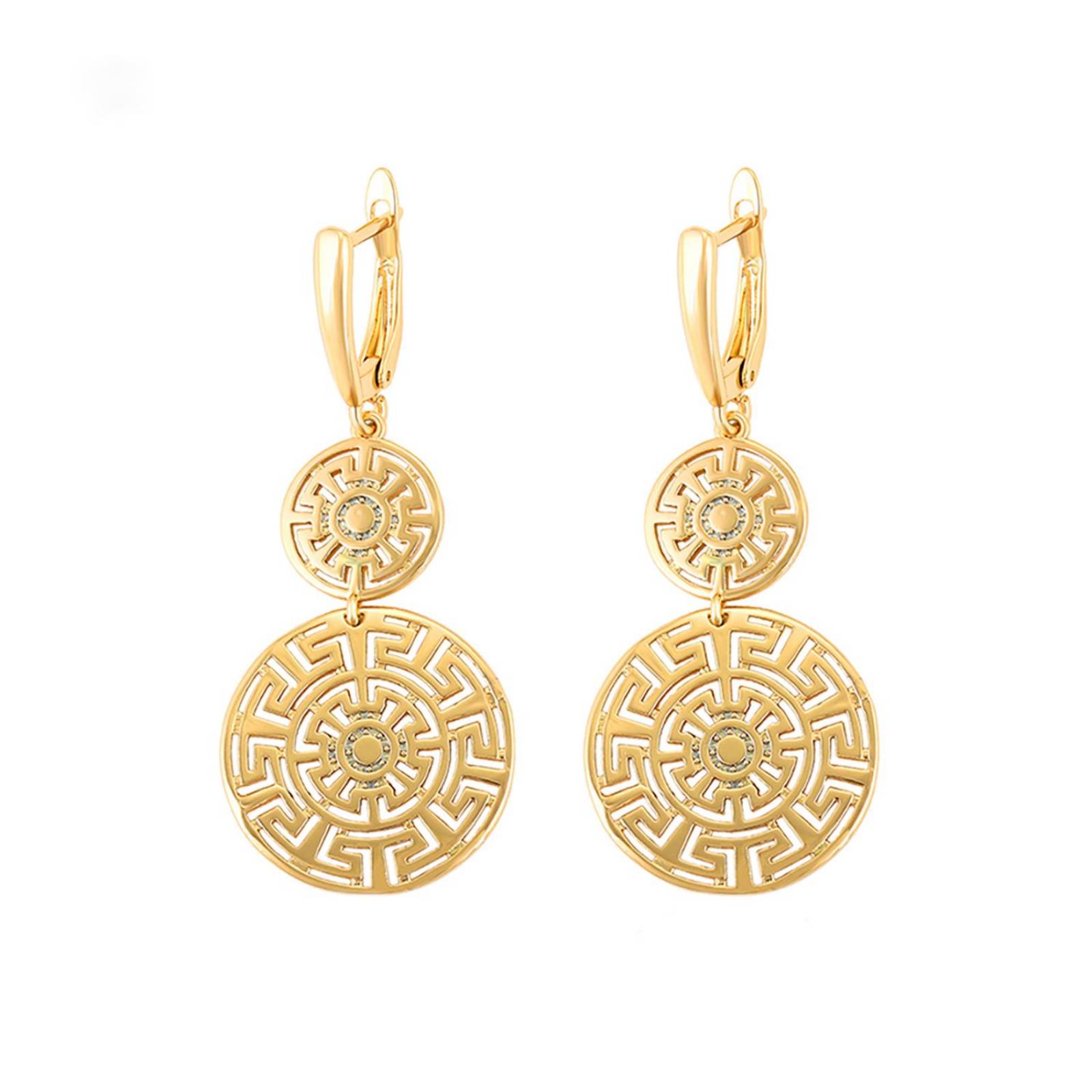 CRISTAL AMOR - Aretes Colgantes Circulos Grecas Dama Largos Oro 14K Laminado Dorado