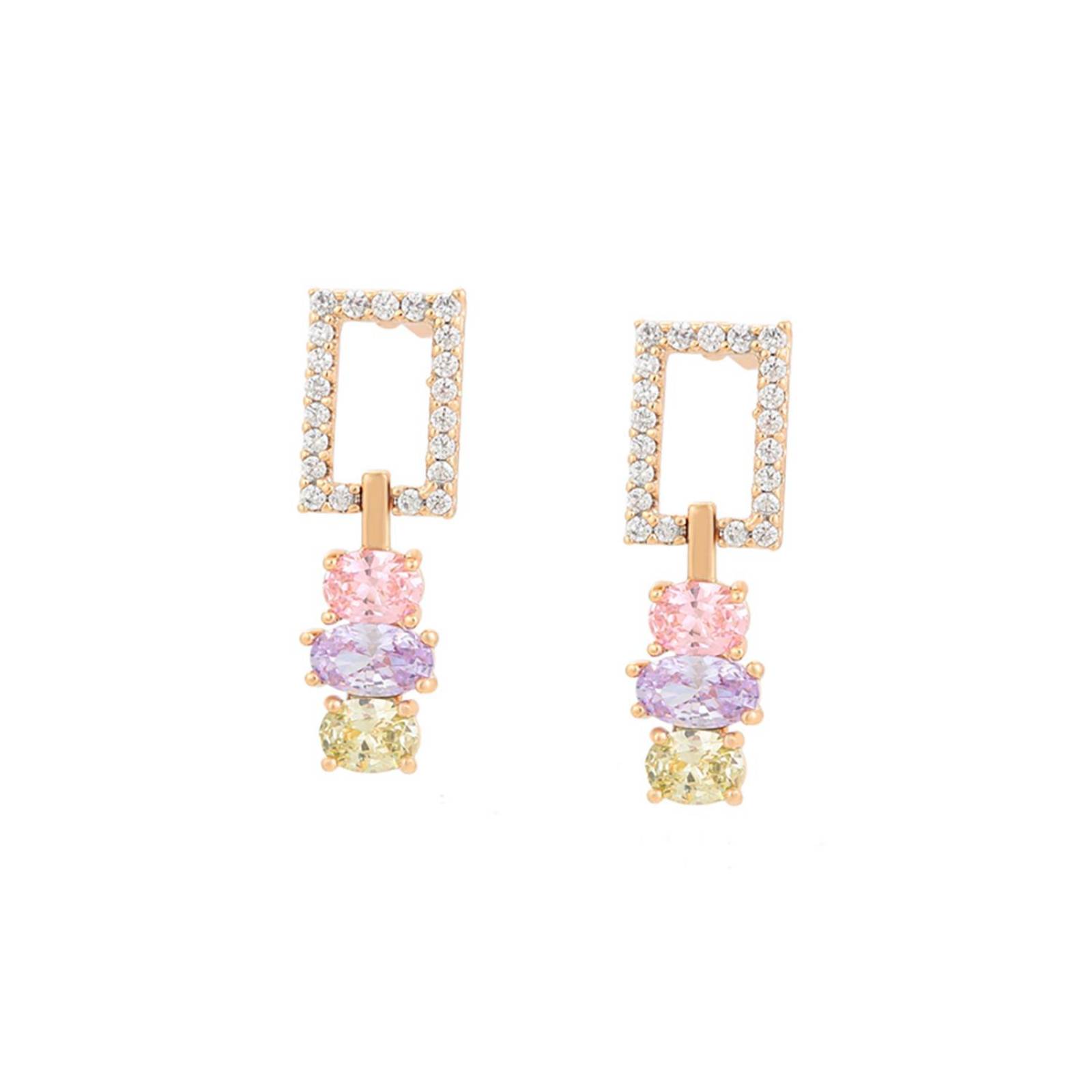 CRISTAL AMOR - Aretes Largos Dama Cristales Multicolor Pastel Oro 14K Laminado Dorado