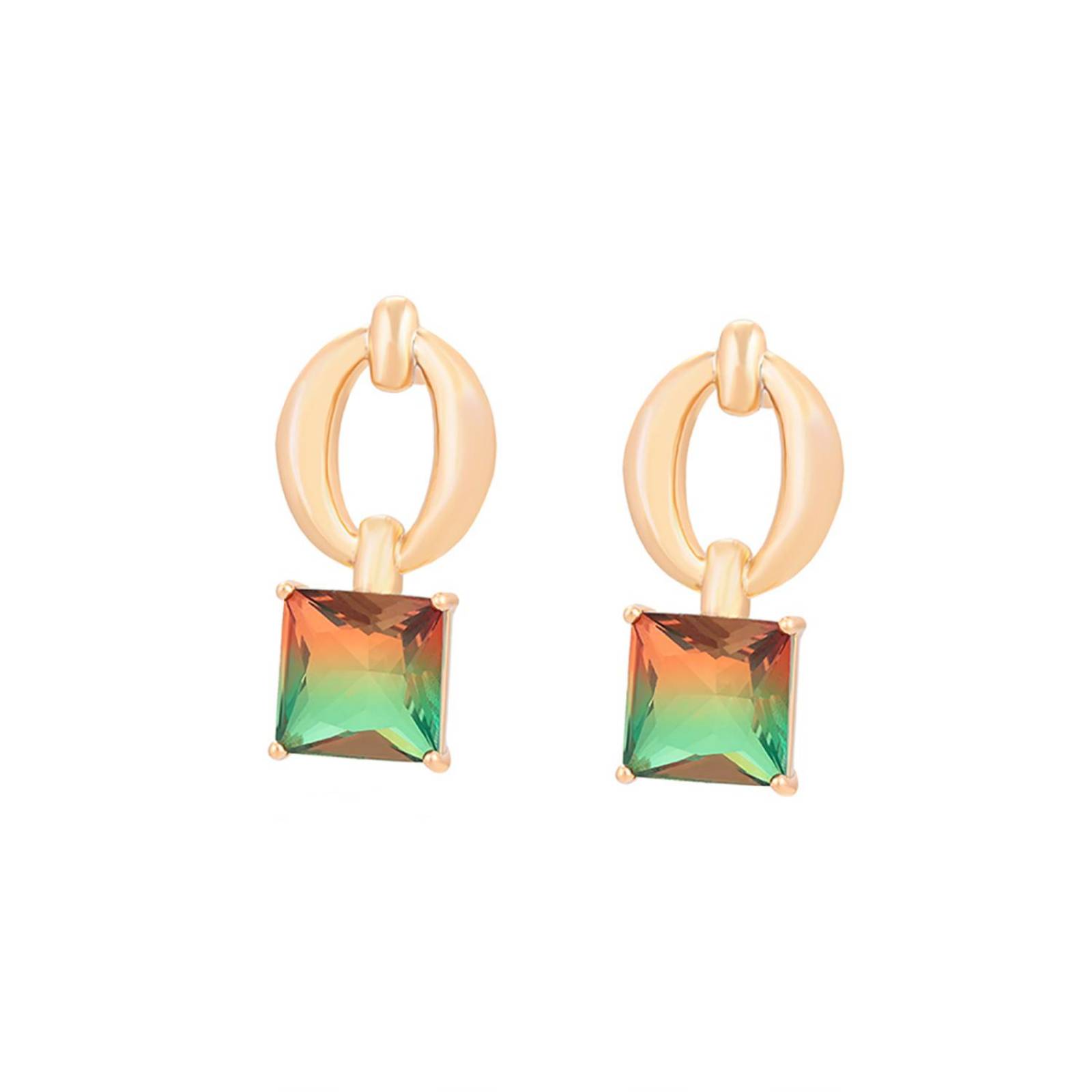 CRISTAL AMOR - Aretes Colgantes Dama Cristal Verde Naranja Oro 14K Laminado Dorado